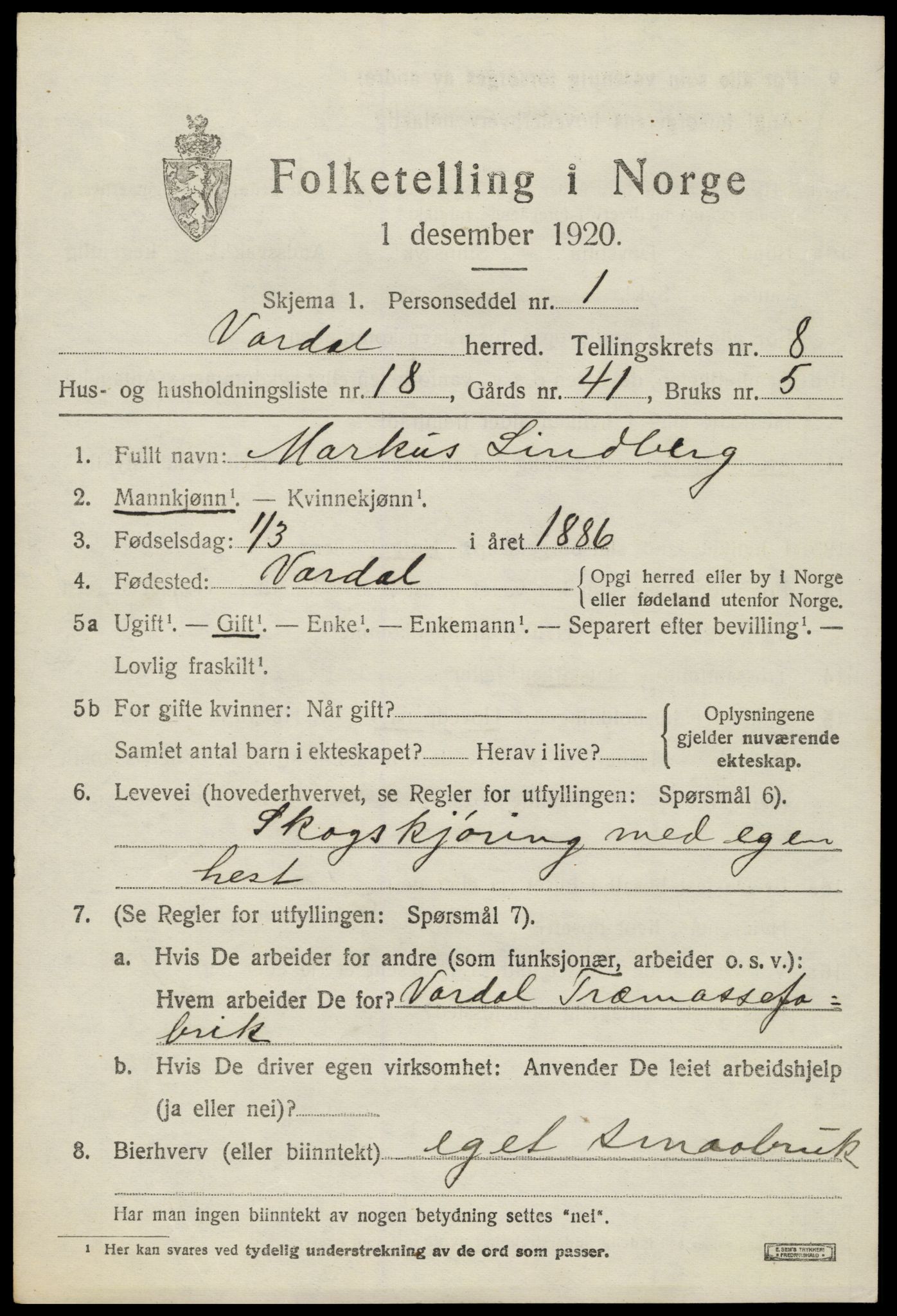 SAH, 1920 census for Vardal, 1920, p. 5923