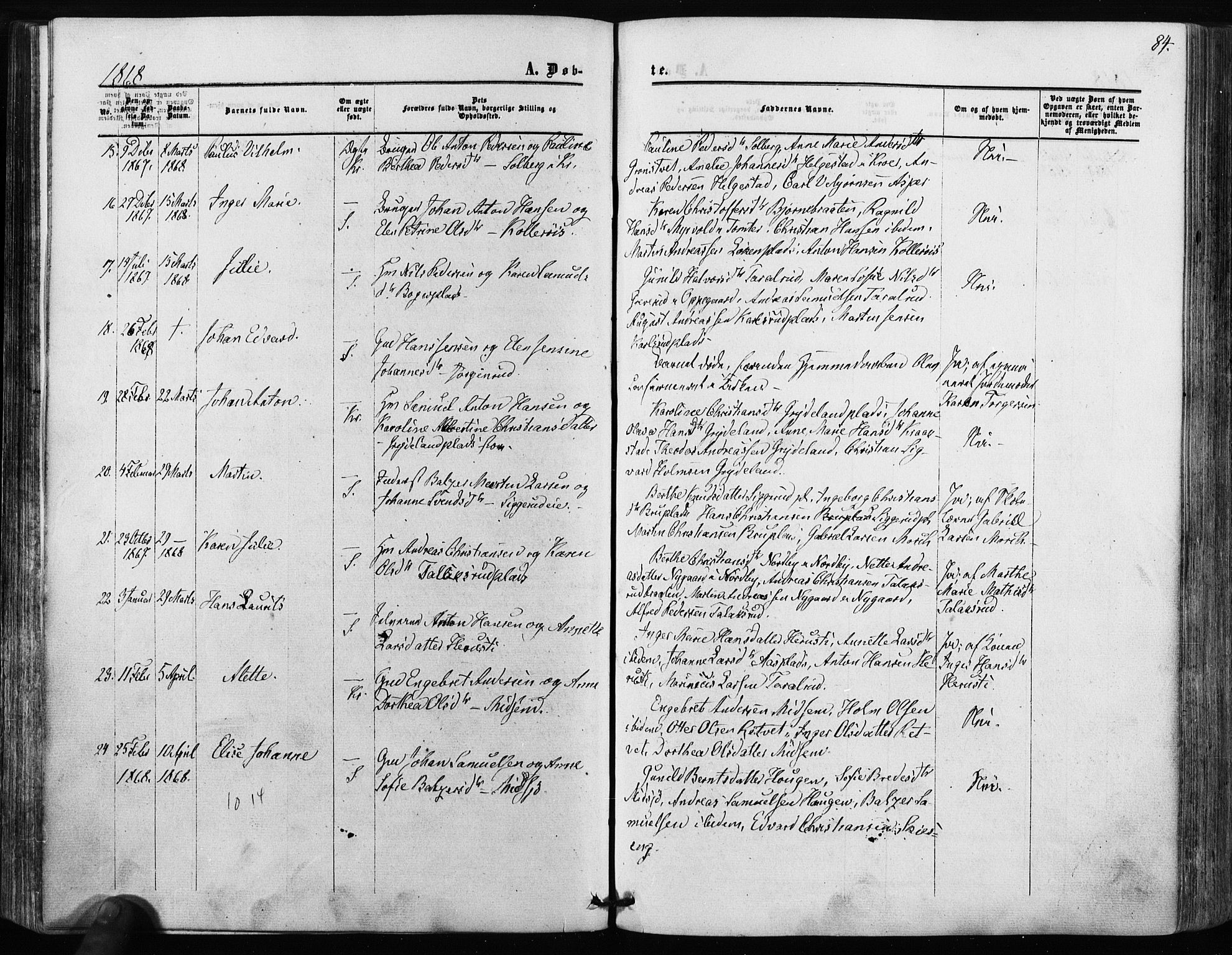 Kråkstad prestekontor Kirkebøker, SAO/A-10125a/F/Fa/L0007: Parish register (official) no. I 7, 1858-1870, p. 84