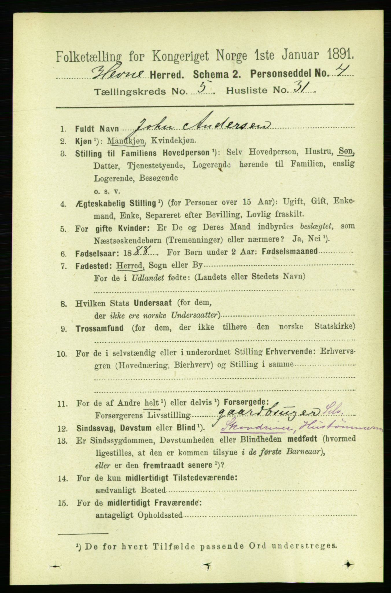 RA, 1891 census for 1612 Hemne, 1891, p. 2663