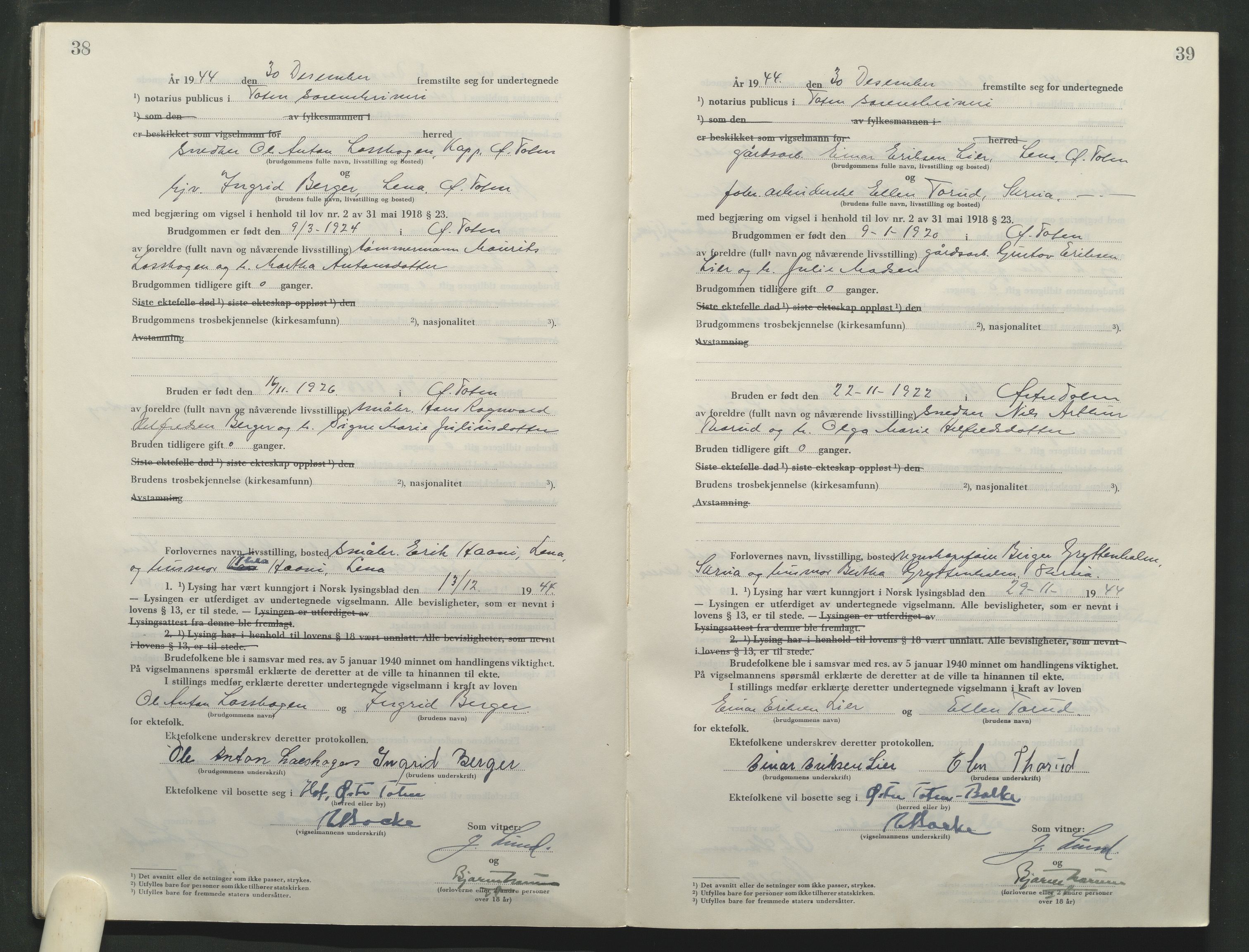 Toten tingrett, AV/SAH-TING-006/L/Lc/L0005: Vigselbok, 1944-1948, p. 38-39