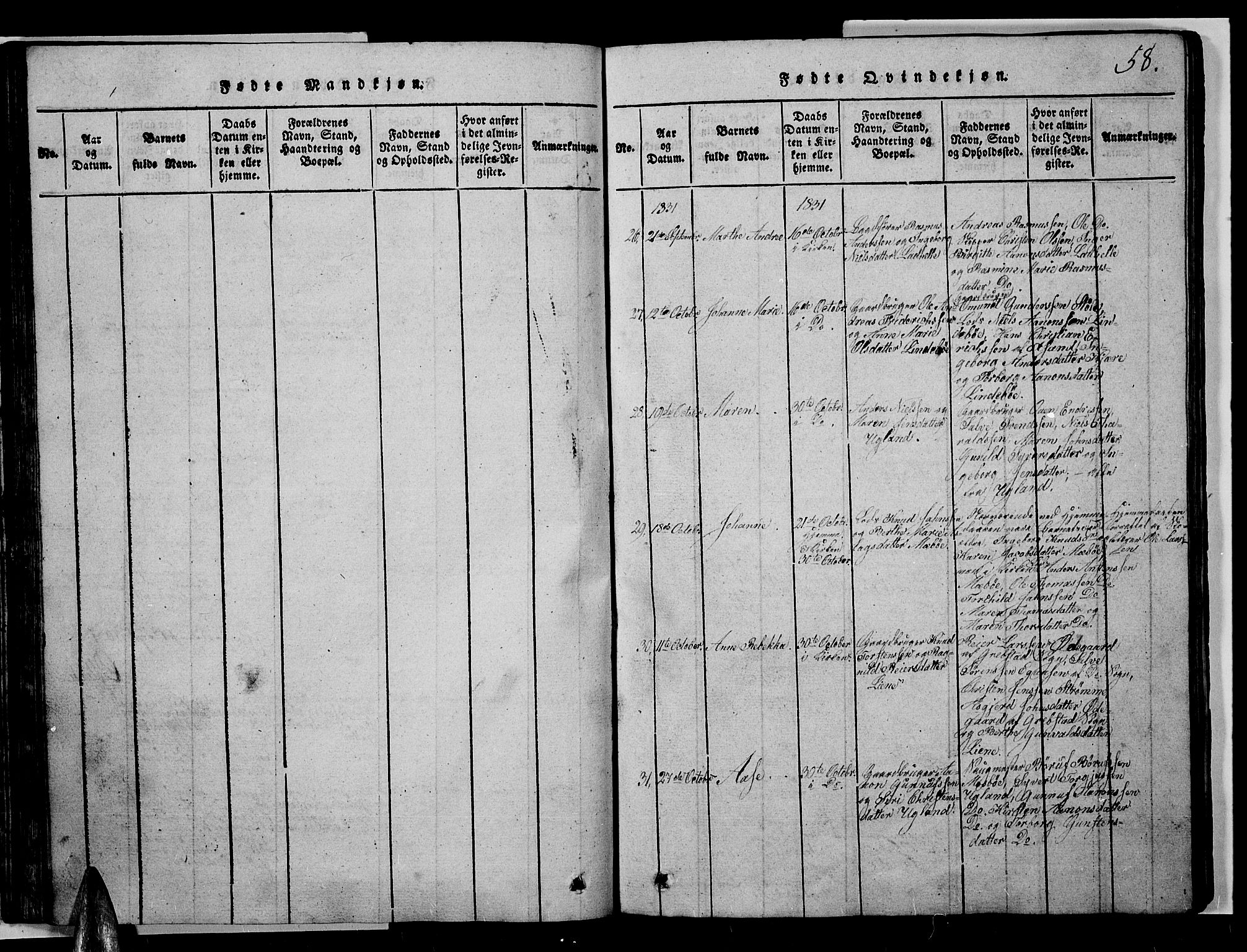 Oddernes sokneprestkontor, AV/SAK-1111-0033/F/Fb/Fba/L0003: Parish register (copy) no. B 3, 1820-1838, p. 58