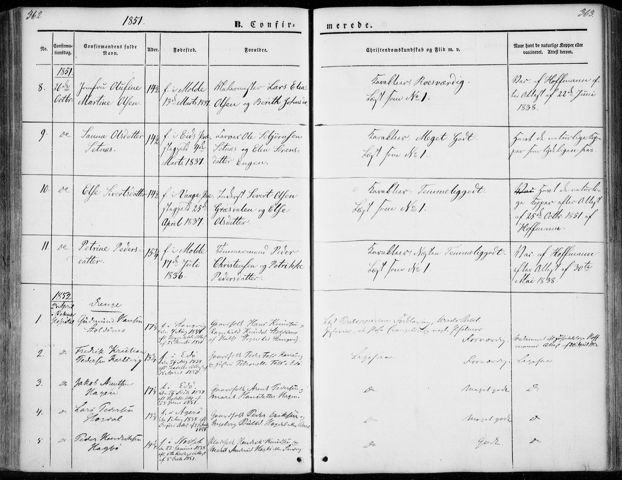 Ministerialprotokoller, klokkerbøker og fødselsregistre - Møre og Romsdal, SAT/A-1454/558/L0689: Parish register (official) no. 558A03, 1843-1872, p. 362-363