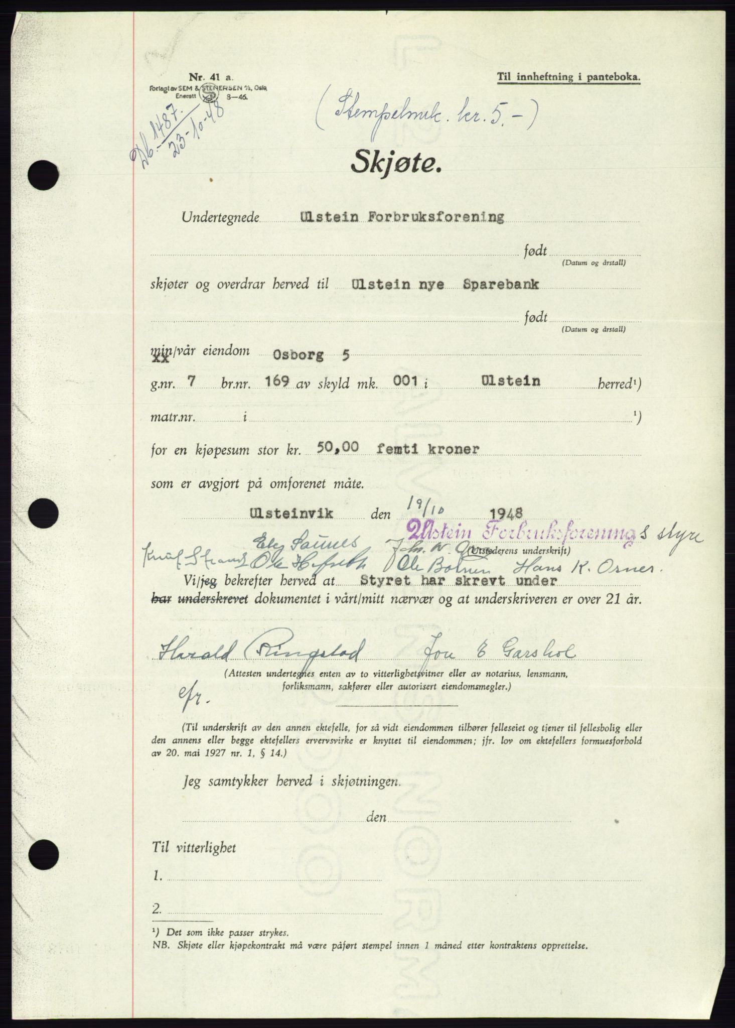 Søre Sunnmøre sorenskriveri, AV/SAT-A-4122/1/2/2C/L0083: Mortgage book no. 9A, 1948-1949, Diary no: : 1487/1948