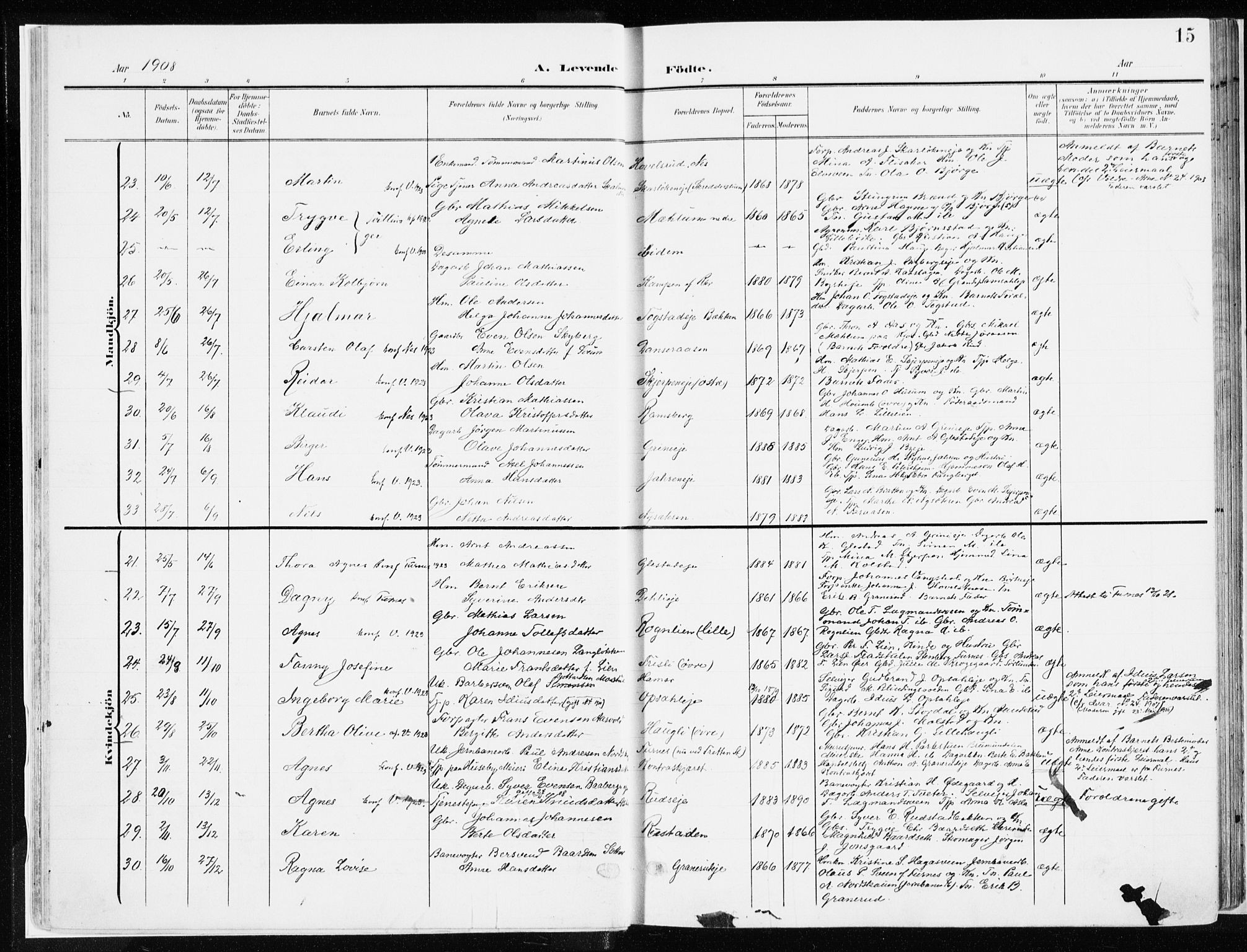 Ringsaker prestekontor, AV/SAH-PREST-014/K/Ka/L0019: Parish register (official) no. 19, 1905-1920, p. 15