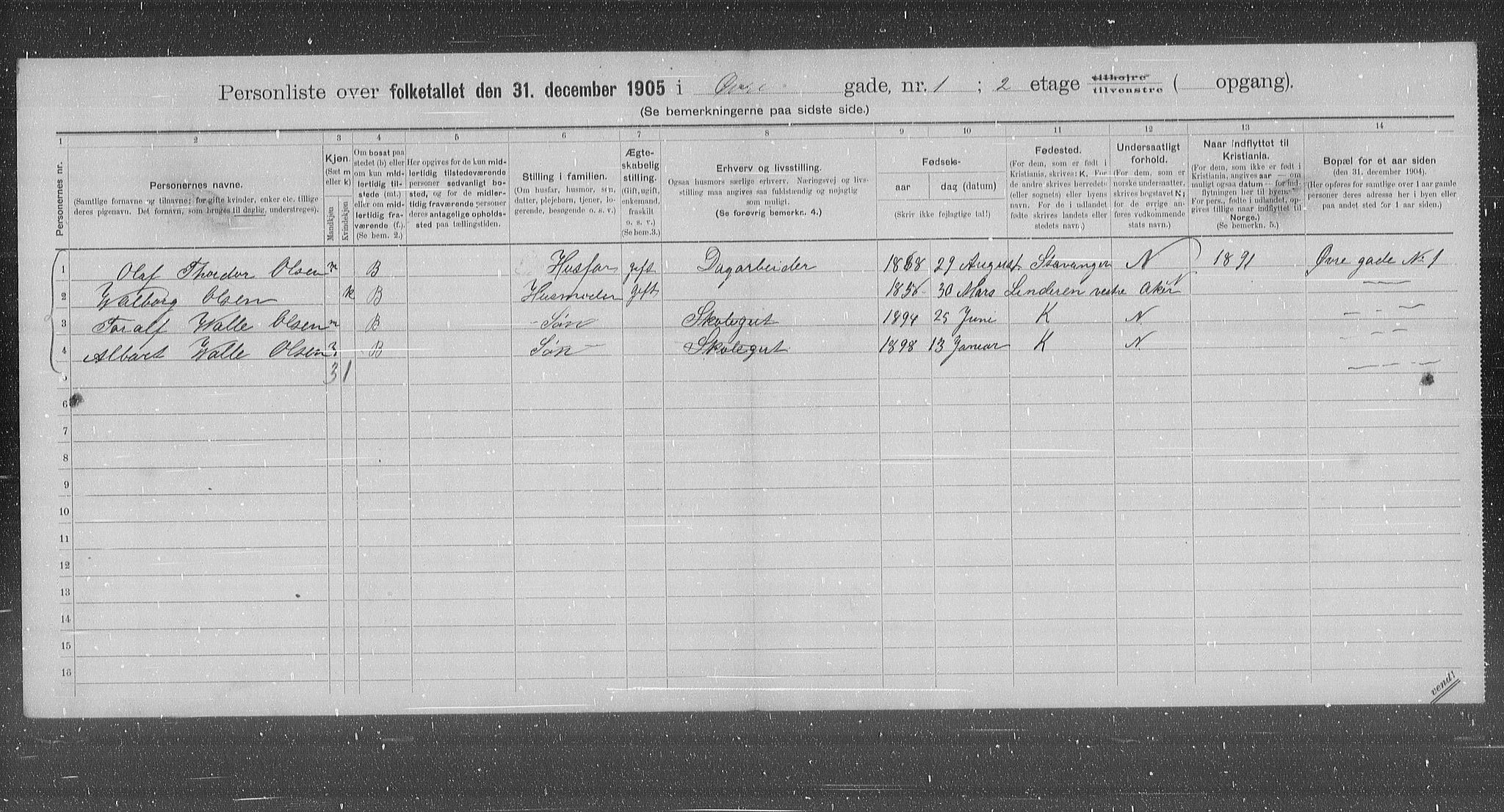 OBA, Municipal Census 1905 for Kristiania, 1905, p. 68206