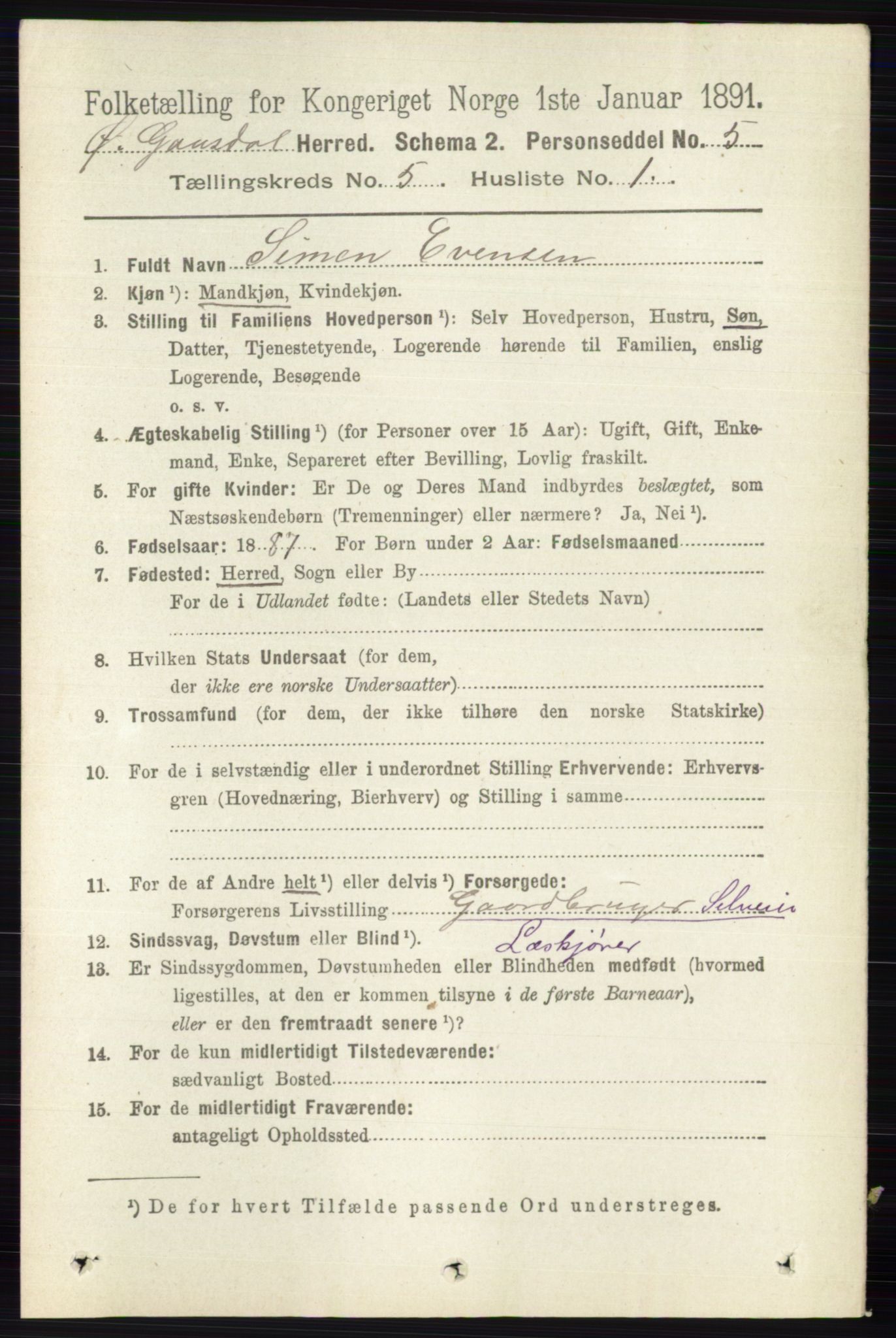 RA, 1891 census for 0522 Østre Gausdal, 1891, p. 2995