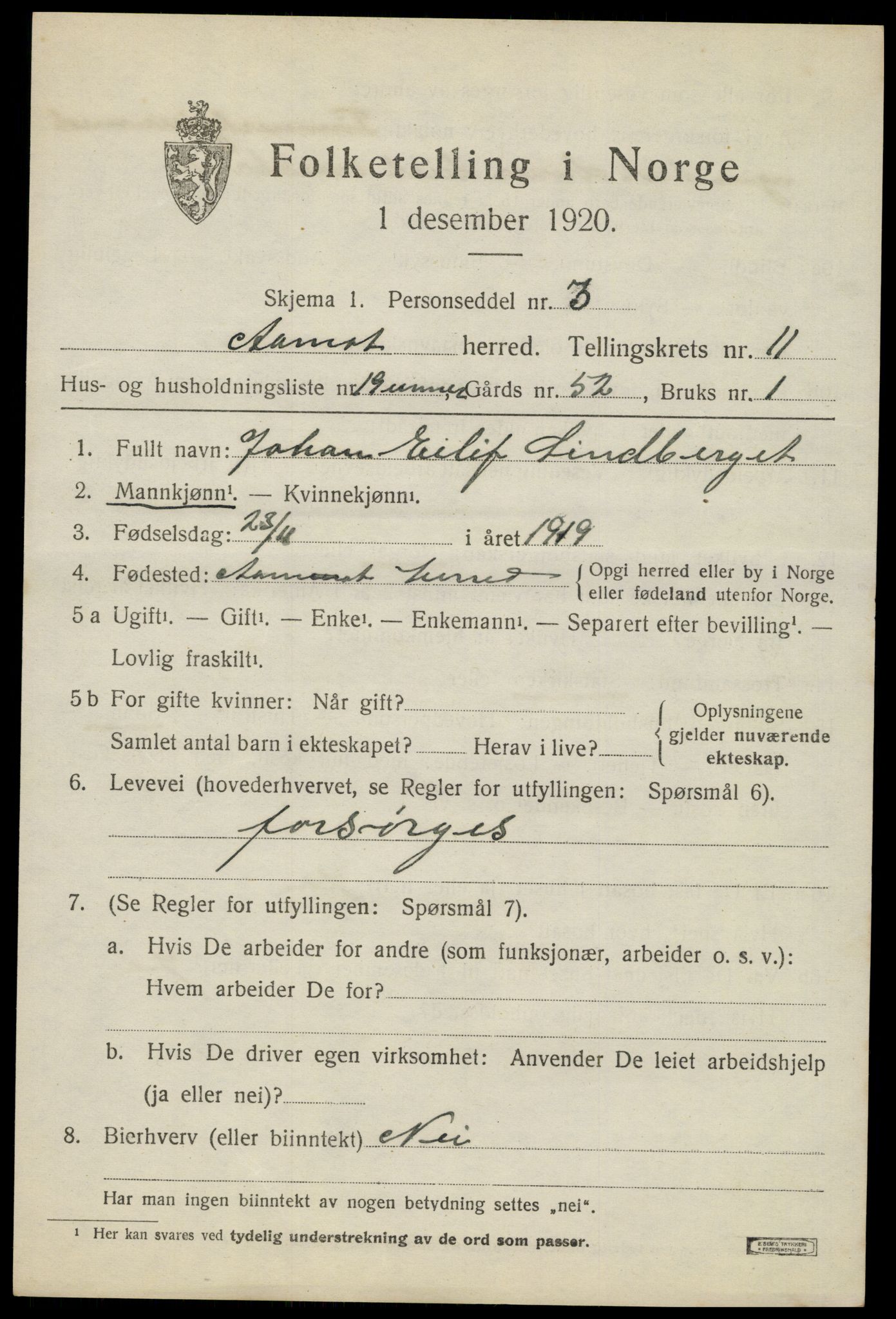 SAH, 1920 census for Åmot, 1920, p. 9607