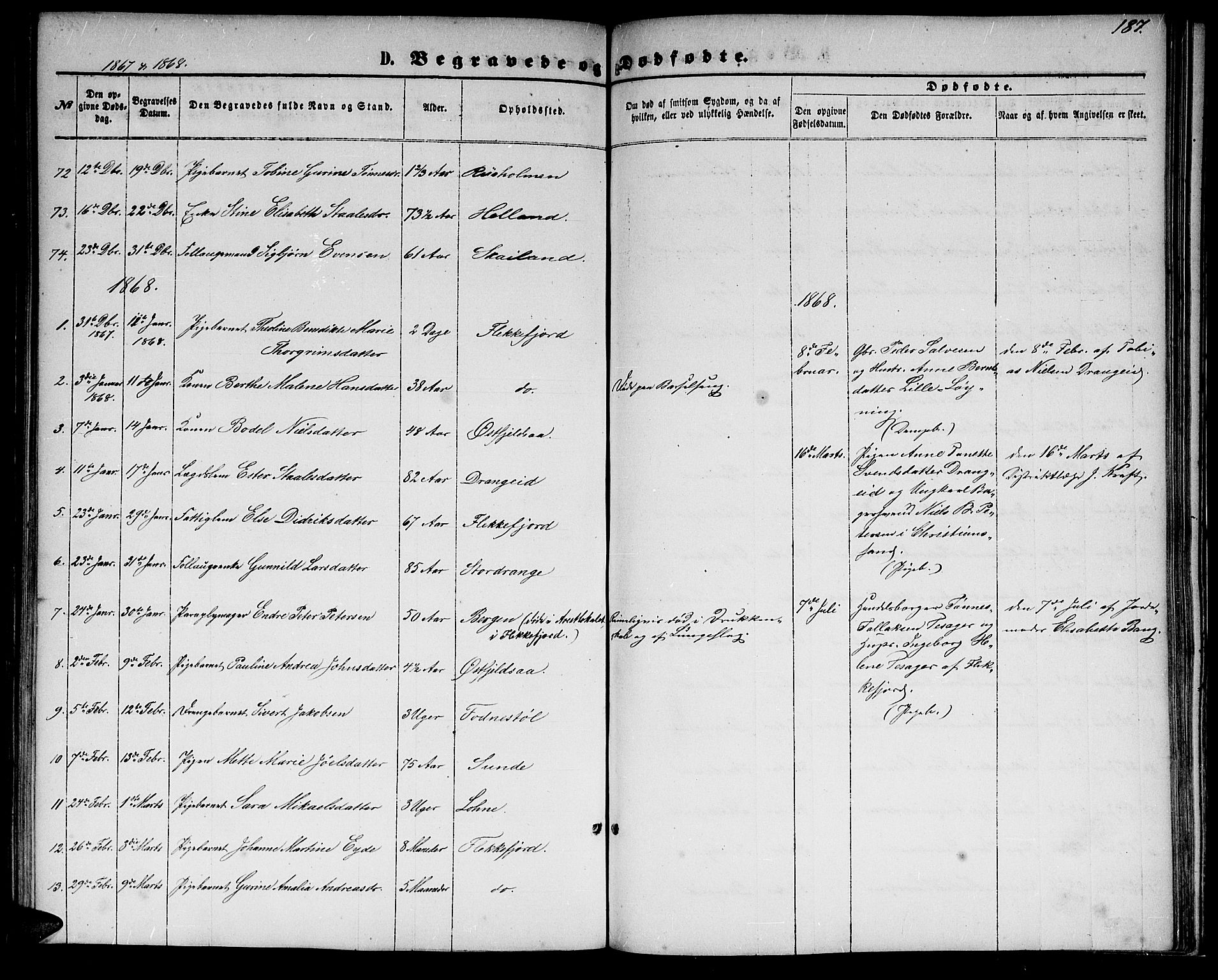 Flekkefjord sokneprestkontor, SAK/1111-0012/F/Fb/Fbc/L0006: Parish register (copy) no. B 6, 1866-1879, p. 187