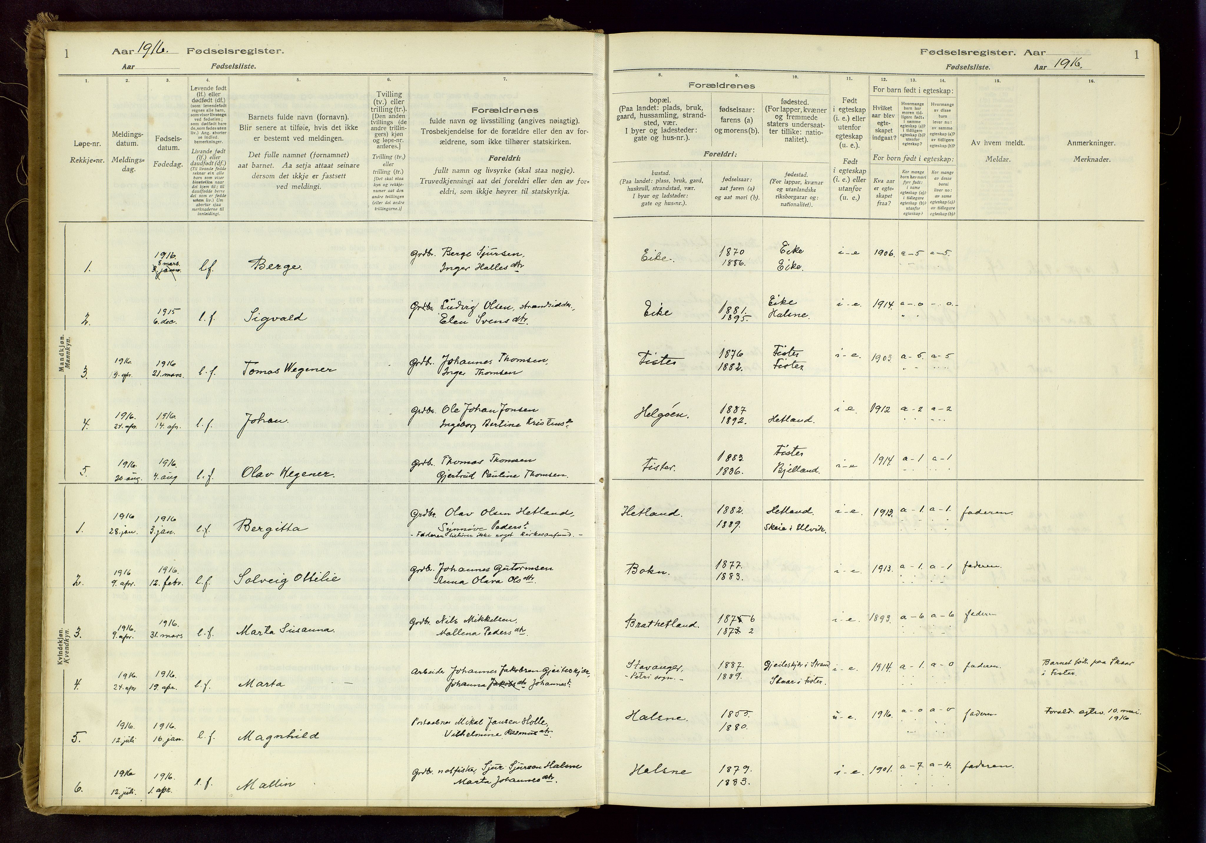 Hjelmeland sokneprestkontor, SAST/A-101843/02/B/L0003: Birth register no. 3, 1916-1997, p. 1
