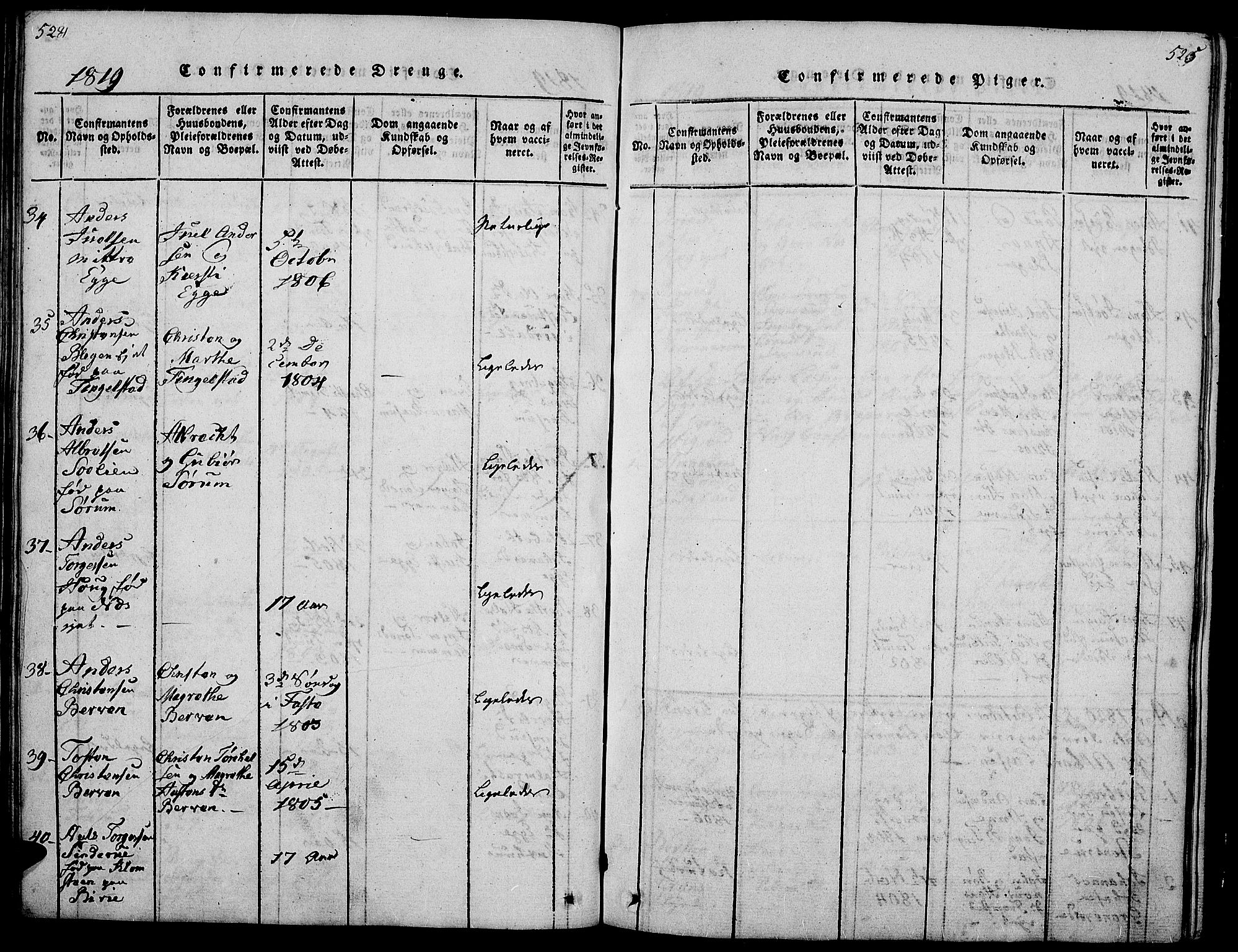 Gran prestekontor, SAH/PREST-112/H/Ha/Hab/L0001: Parish register (copy) no. 1, 1815-1824, p. 524-525