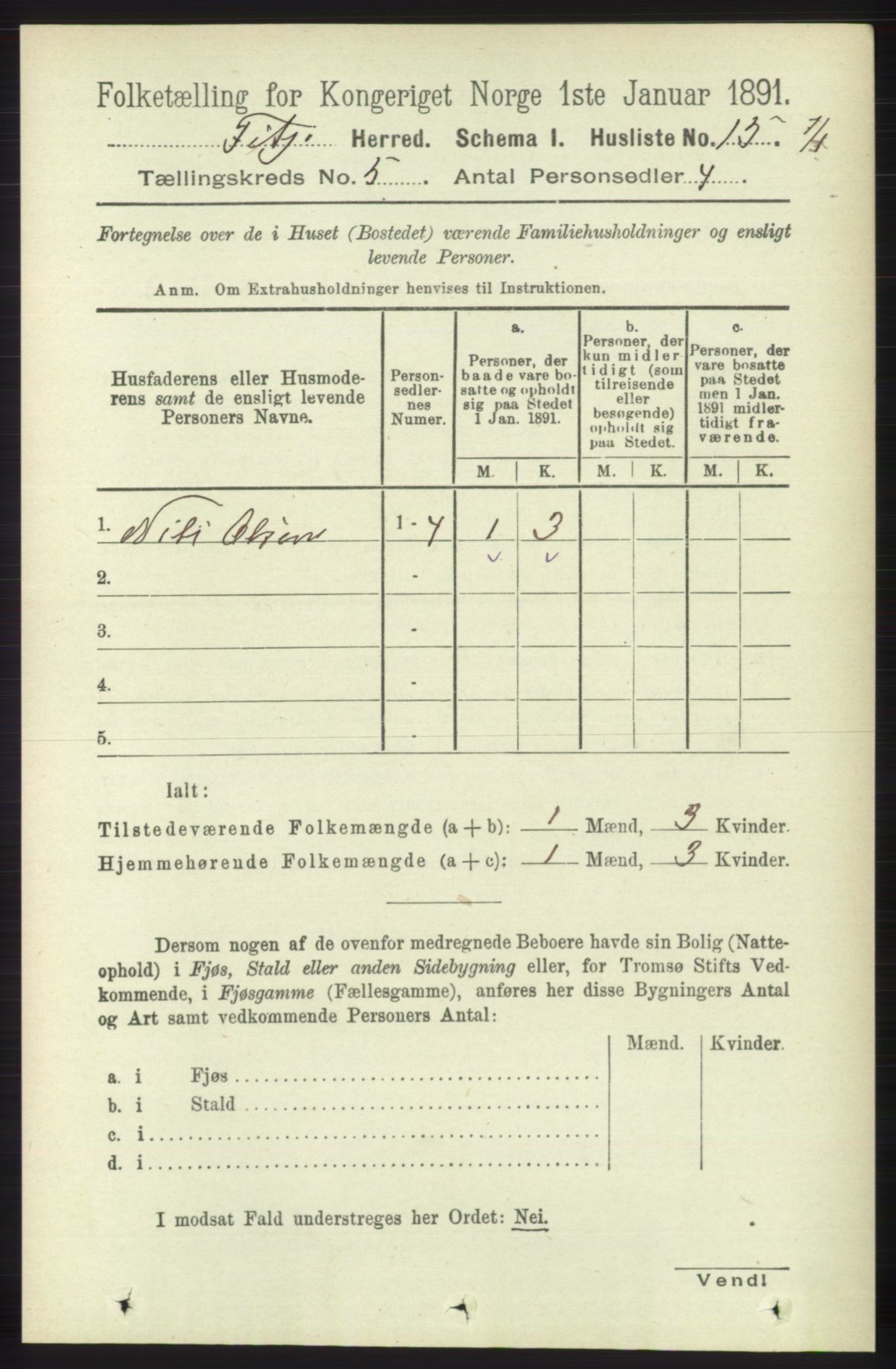 RA, 1891 census for 1222 Fitjar, 1891, p. 1691