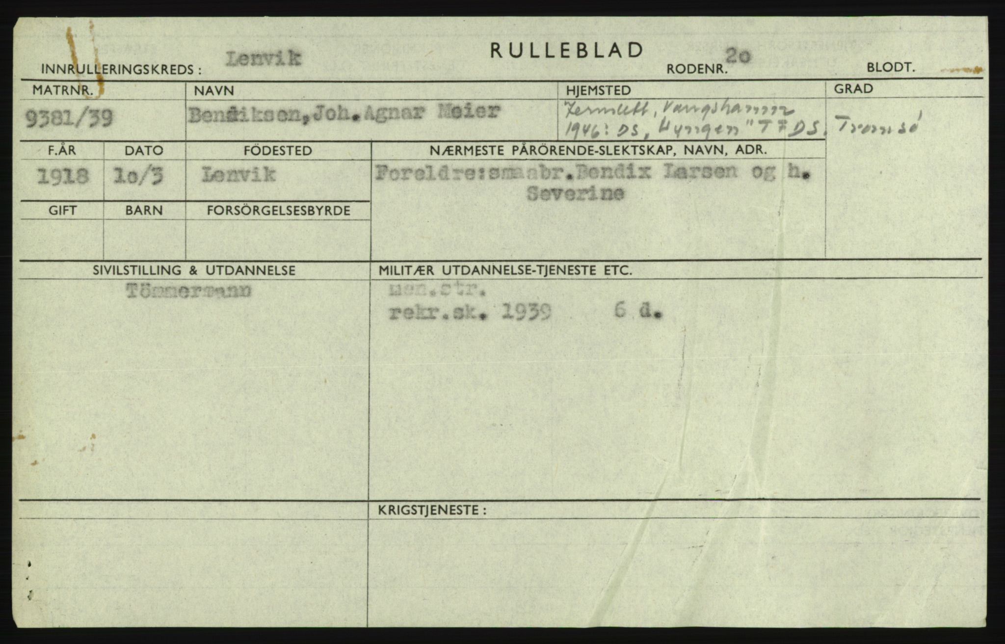 Forsvaret, Troms infanteriregiment nr. 16, AV/RA-RAFA-3146/P/Pa/L0023: Rulleblad for regimentets menige mannskaper, årsklasse 1939, 1939, p. 97