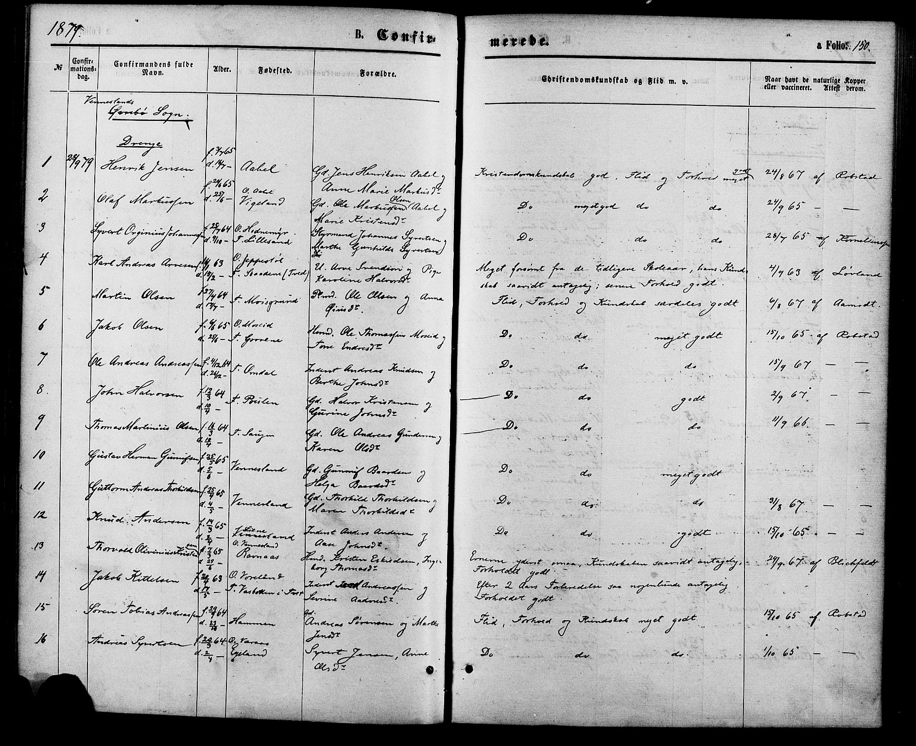 Vennesla sokneprestkontor, AV/SAK-1111-0045/Fa/Fac/L0008: Parish register (official) no. A 8, 1874-1883, p. 150