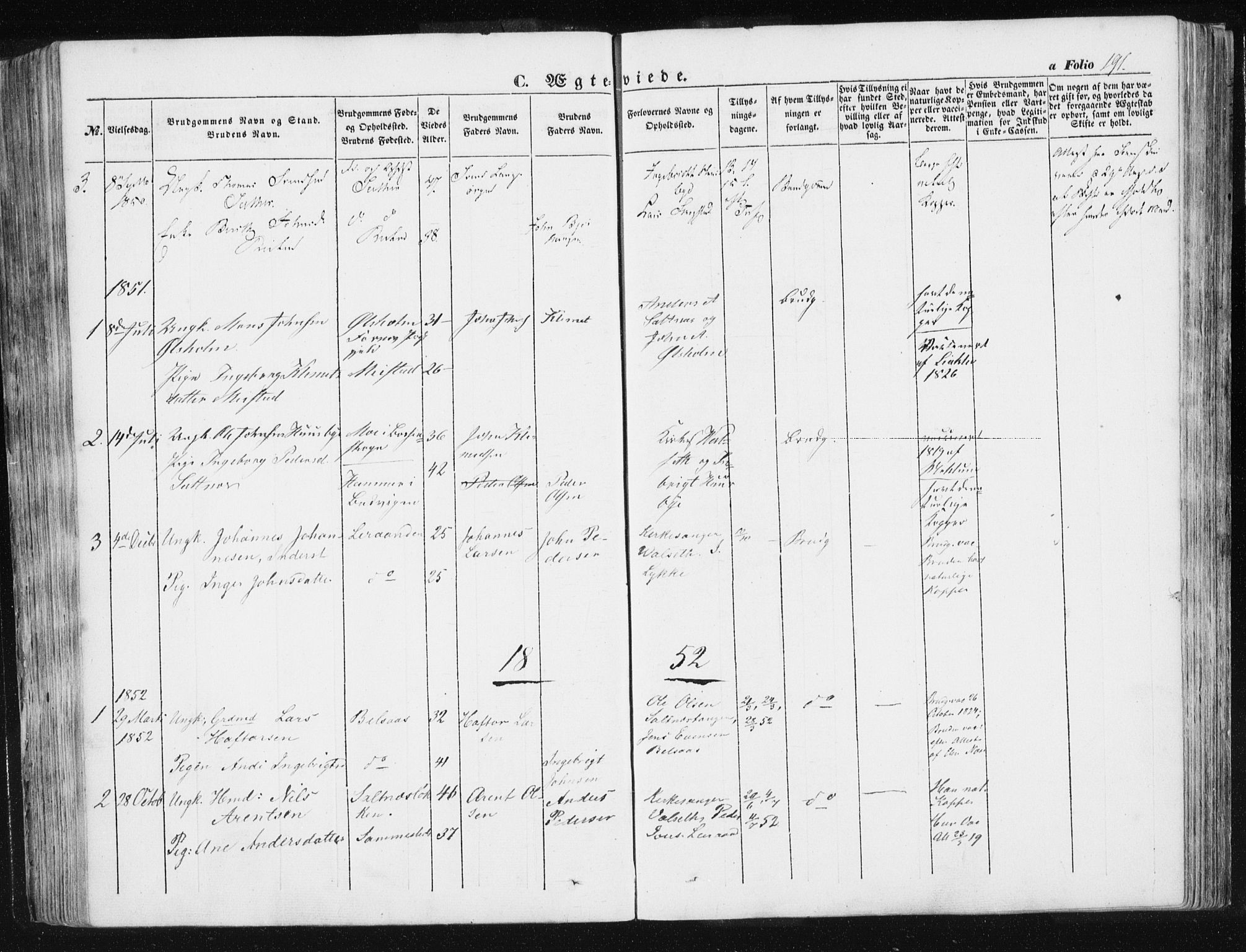 Ministerialprotokoller, klokkerbøker og fødselsregistre - Sør-Trøndelag, SAT/A-1456/612/L0376: Parish register (official) no. 612A08, 1846-1859, p. 191