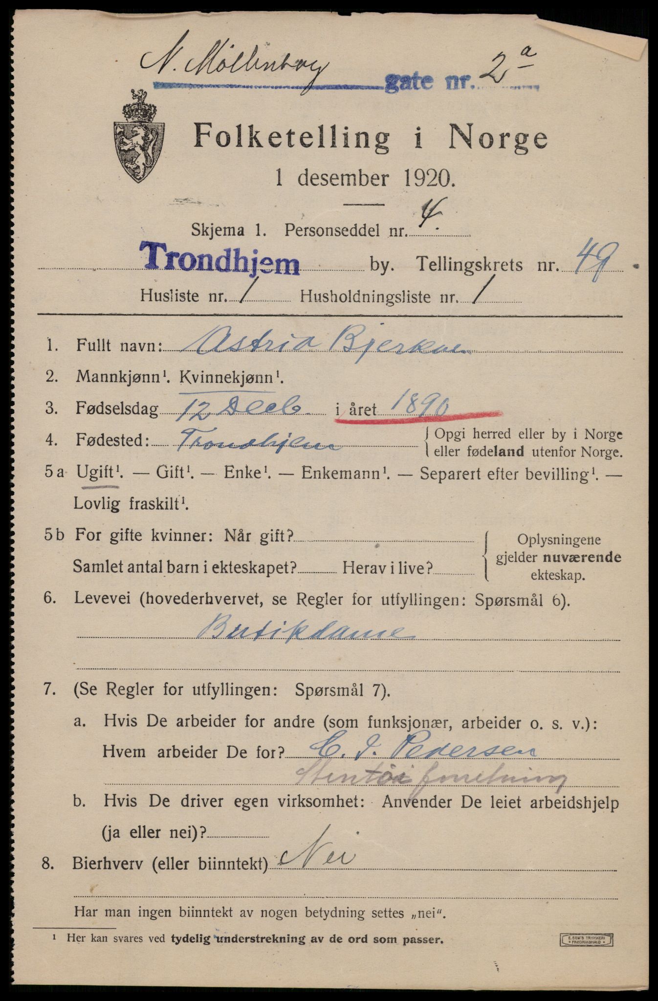 SAT, 1920 census for Trondheim, 1920, p. 102394