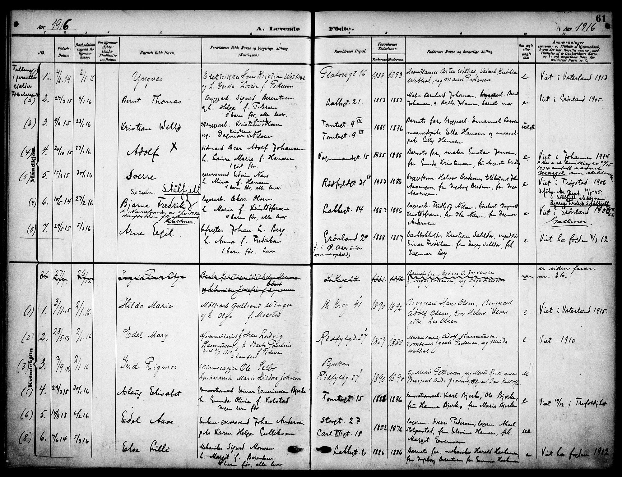 Vaterland prestekontor Kirkebøker, AV/SAO-A-10880/F/Fa/L0001: Parish register (official) no. 1, 1907-1930, p. 61