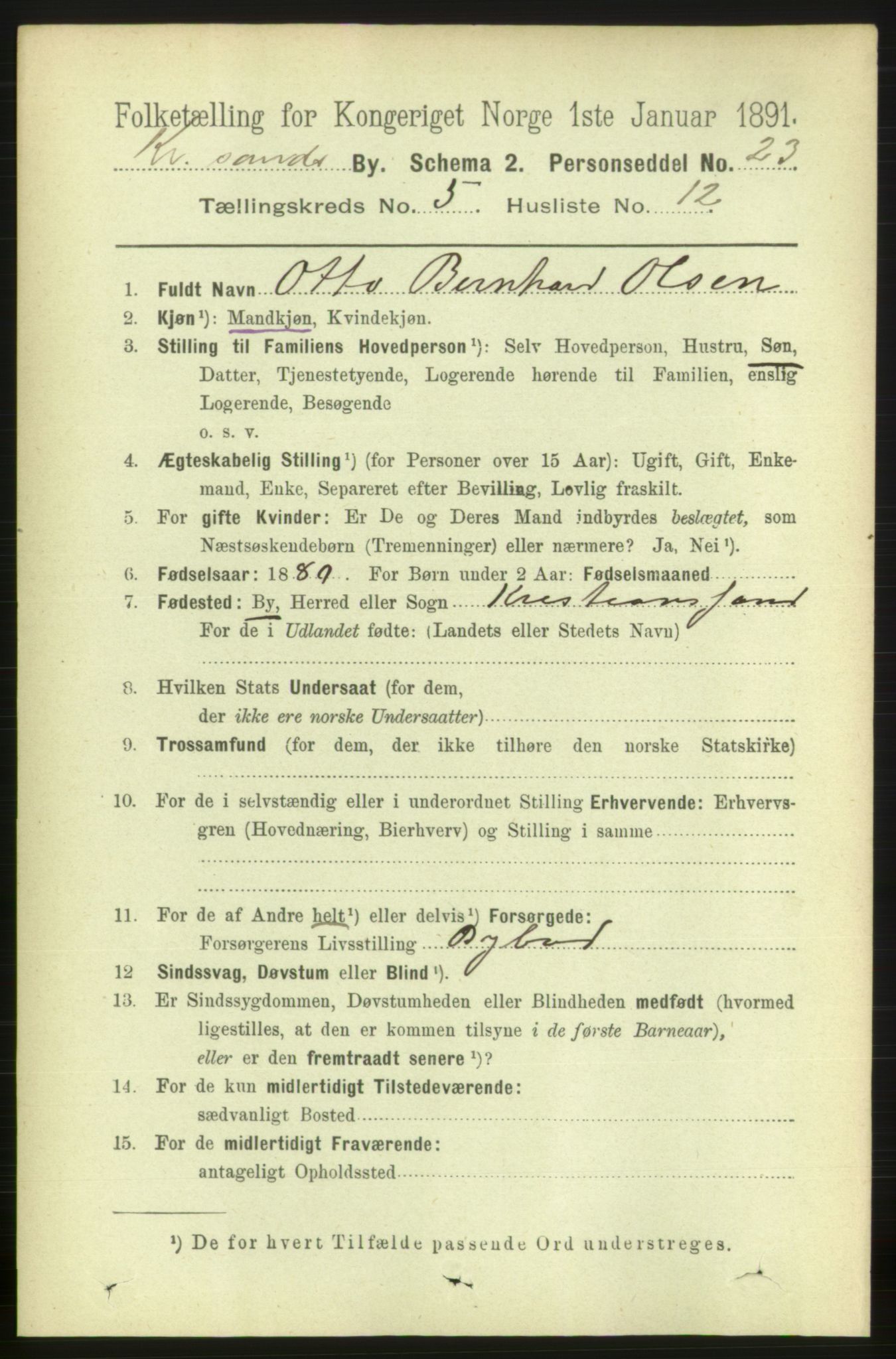 RA, 1891 census for 1001 Kristiansand, 1891, p. 4138