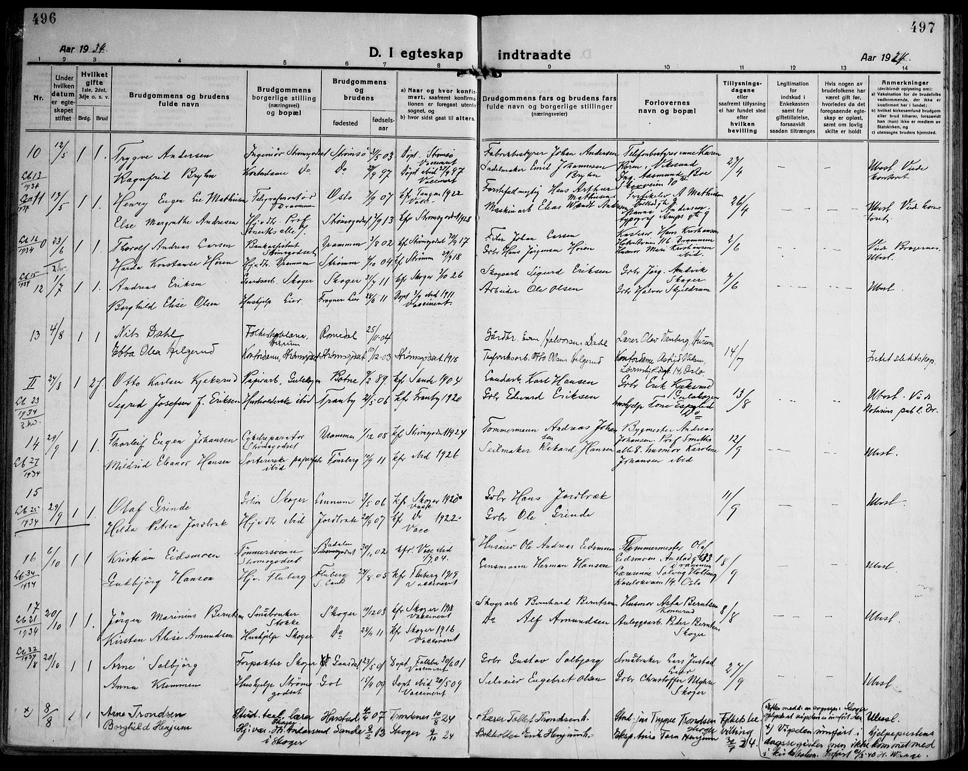 Strømsgodset kirkebøker, AV/SAKO-A-324/F/Fa/L0003: Parish register (official) no. 3, 1920-1936, p. 496-497