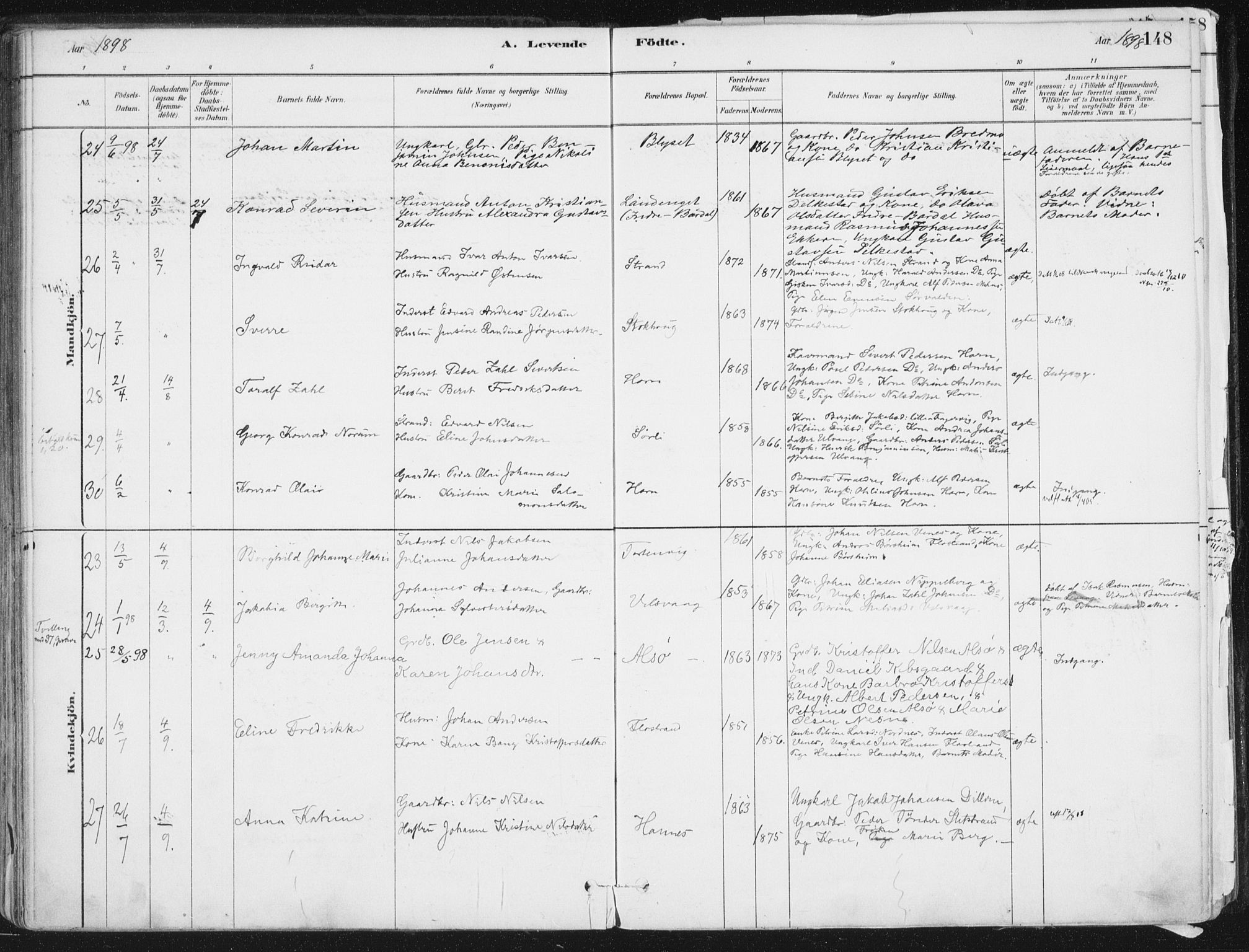 Ministerialprotokoller, klokkerbøker og fødselsregistre - Nordland, AV/SAT-A-1459/838/L0552: Parish register (official) no. 838A10, 1880-1910, p. 148