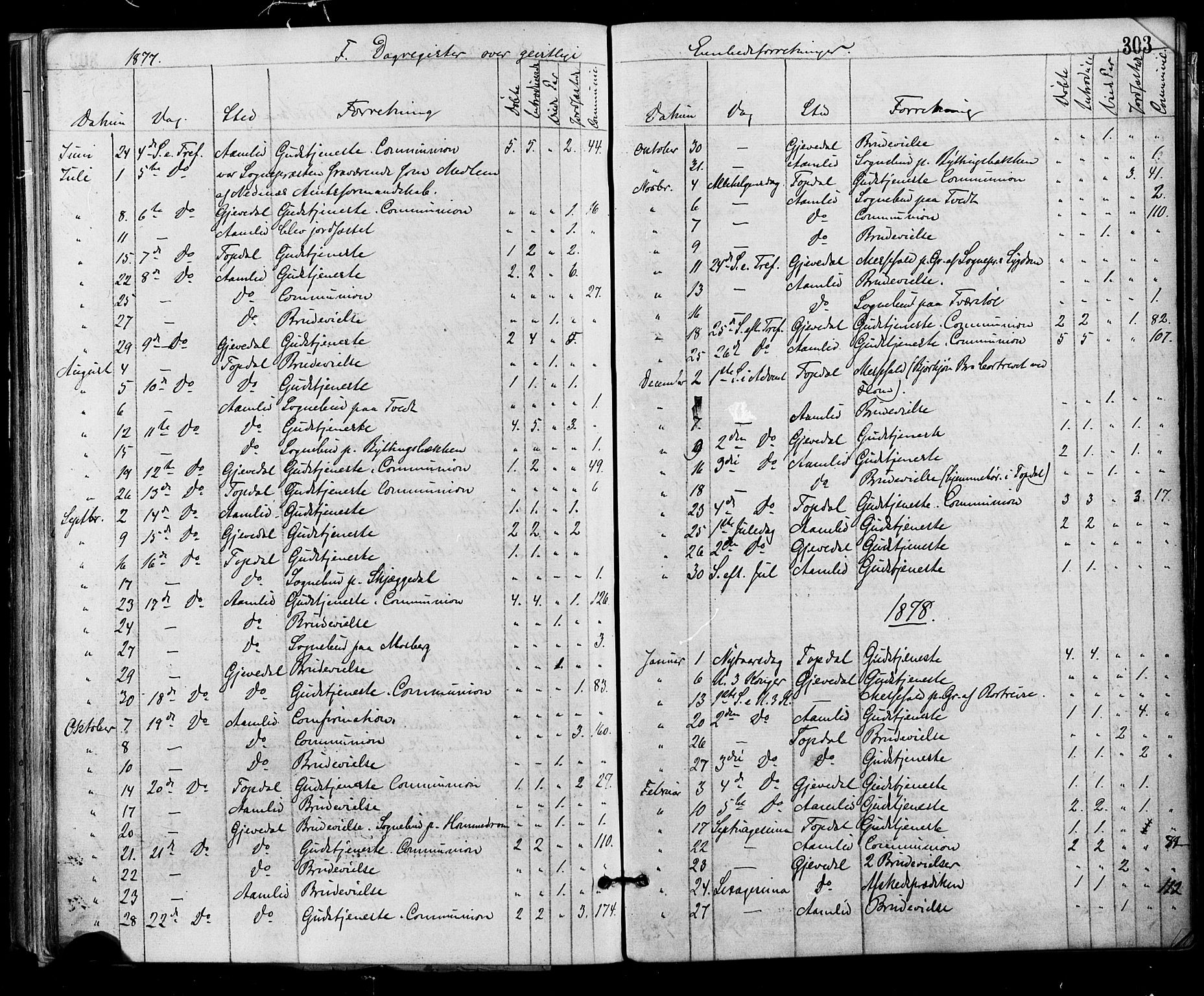 Åmli sokneprestkontor, AV/SAK-1111-0050/F/Fa/Fac/L0009: Parish register (official) no. A 9 /1, 1869-1884, p. 303