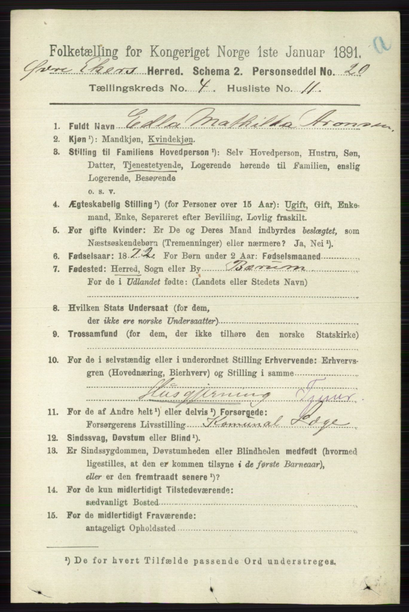 RA, 1891 census for 0624 Øvre Eiker, 1891, p. 1585