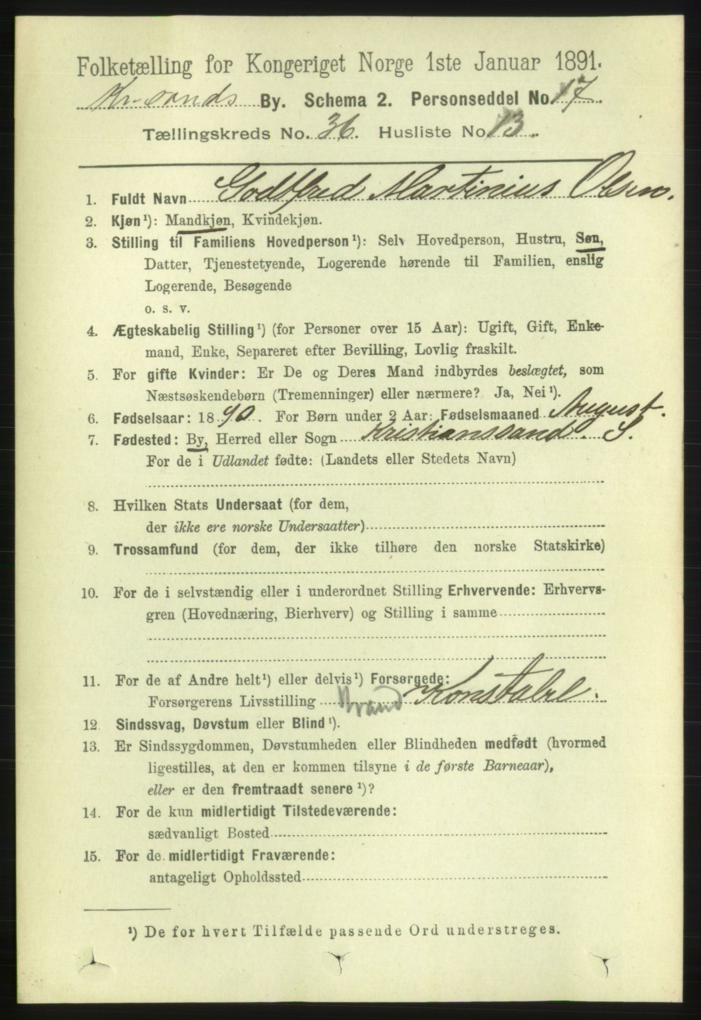 RA, 1891 census for 1001 Kristiansand, 1891, p. 11340