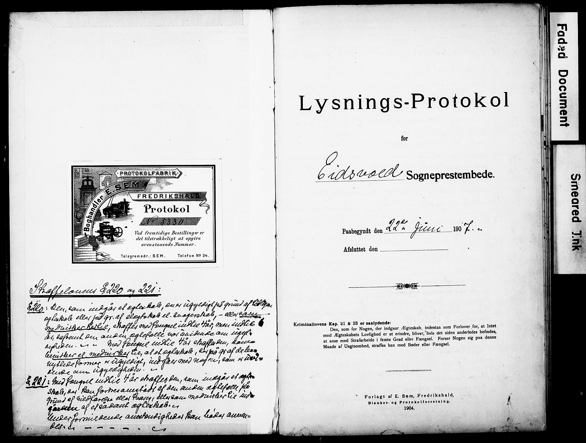 Eidsvoll prestekontor Kirkebøker, AV/SAO-A-10888/H/Ha/L0004: Banns register no. 4, 1907-1921