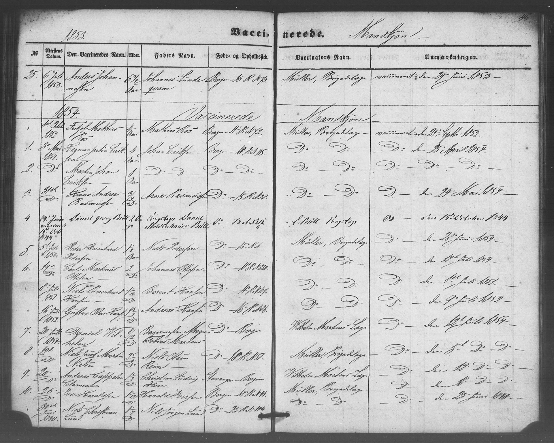 Domkirken sokneprestembete, SAB/A-74801/H/Haa/L0047: Parish register (official) no. F 2, 1852-1868, p. 46