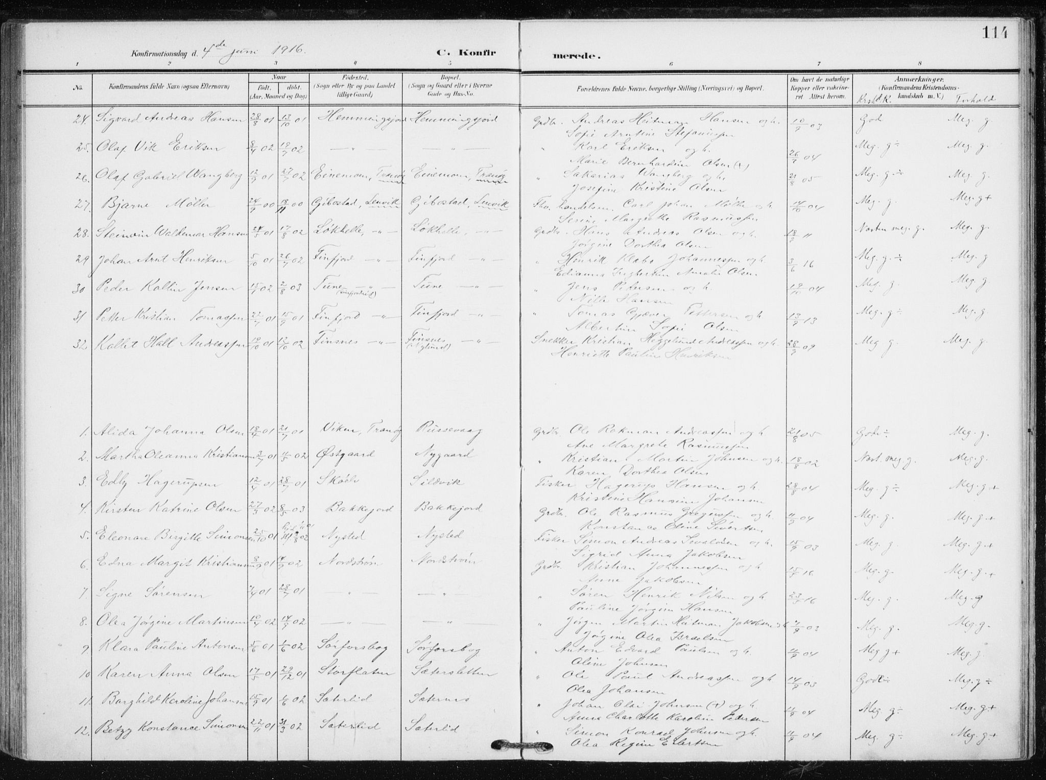 Tranøy sokneprestkontor, SATØ/S-1313/I/Ia/Iaa/L0012kirke: Parish register (official) no. 12, 1905-1918, p. 114