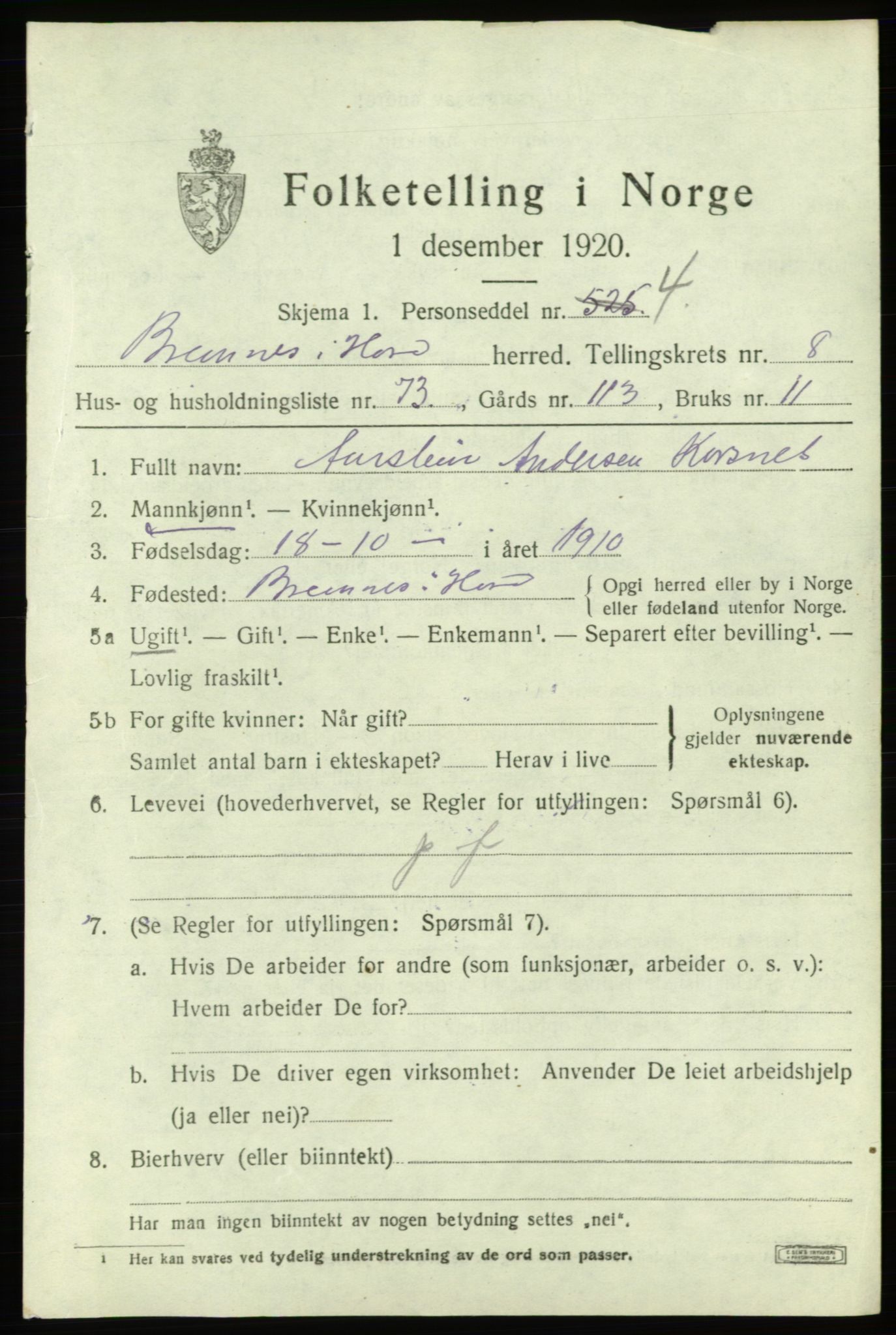 SAB, 1920 census for Bremnes, 1920, p. 6112