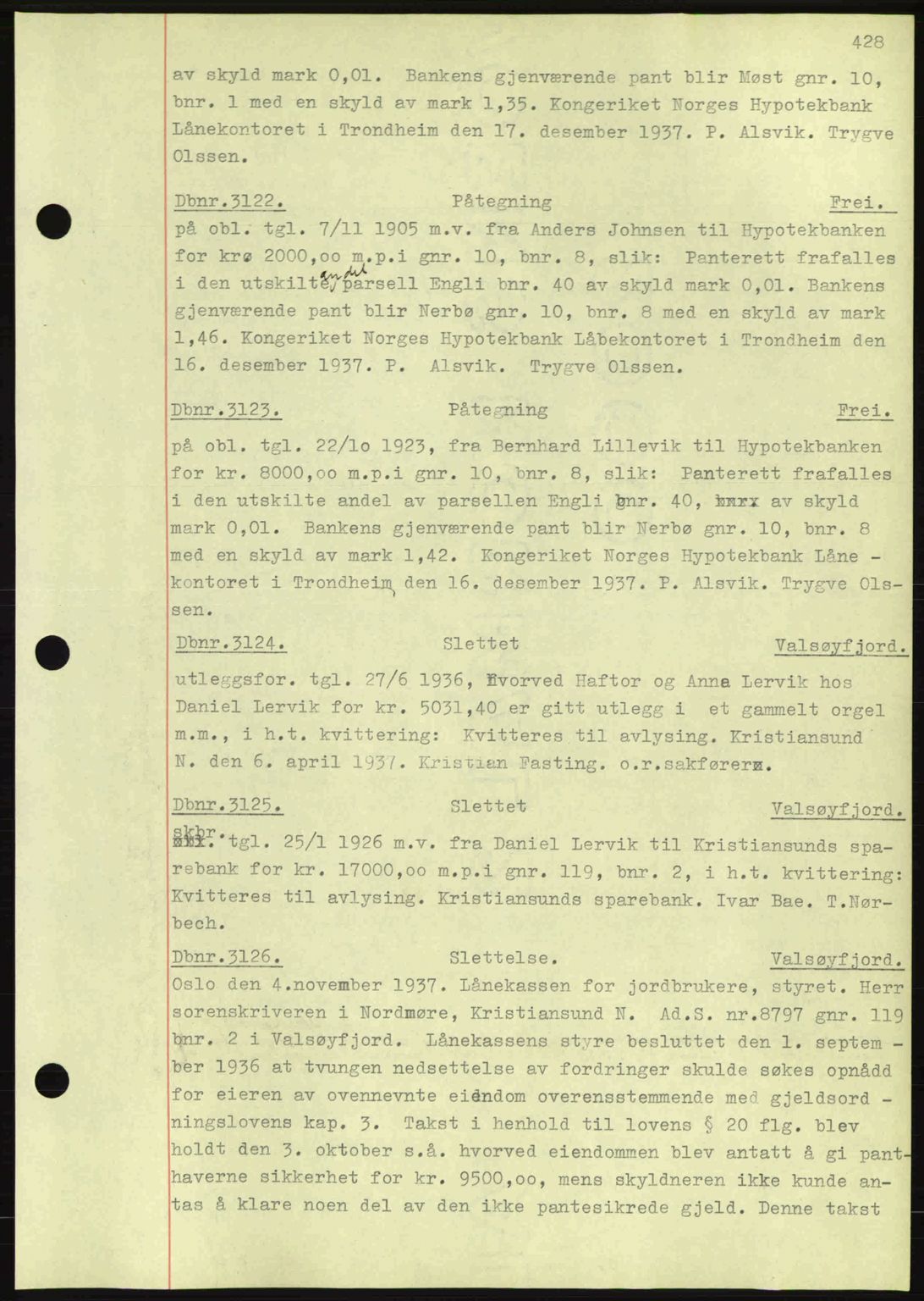 Nordmøre sorenskriveri, AV/SAT-A-4132/1/2/2Ca: Mortgage book no. C80, 1936-1939, Diary no: : 3122/1937