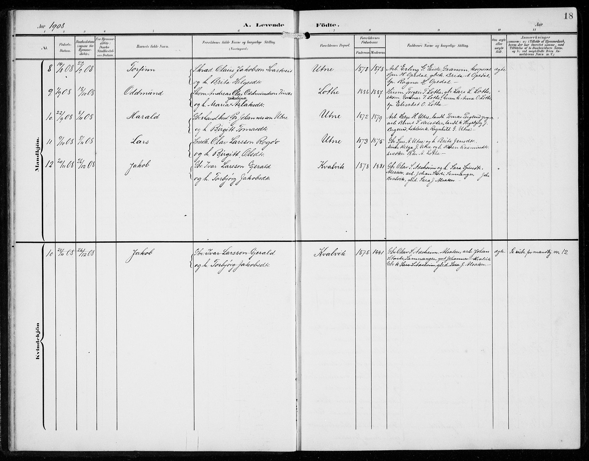 Ullensvang sokneprestembete, AV/SAB-A-78701/H/Hab: Parish register (copy) no. F  1, 1902-1935, p. 18