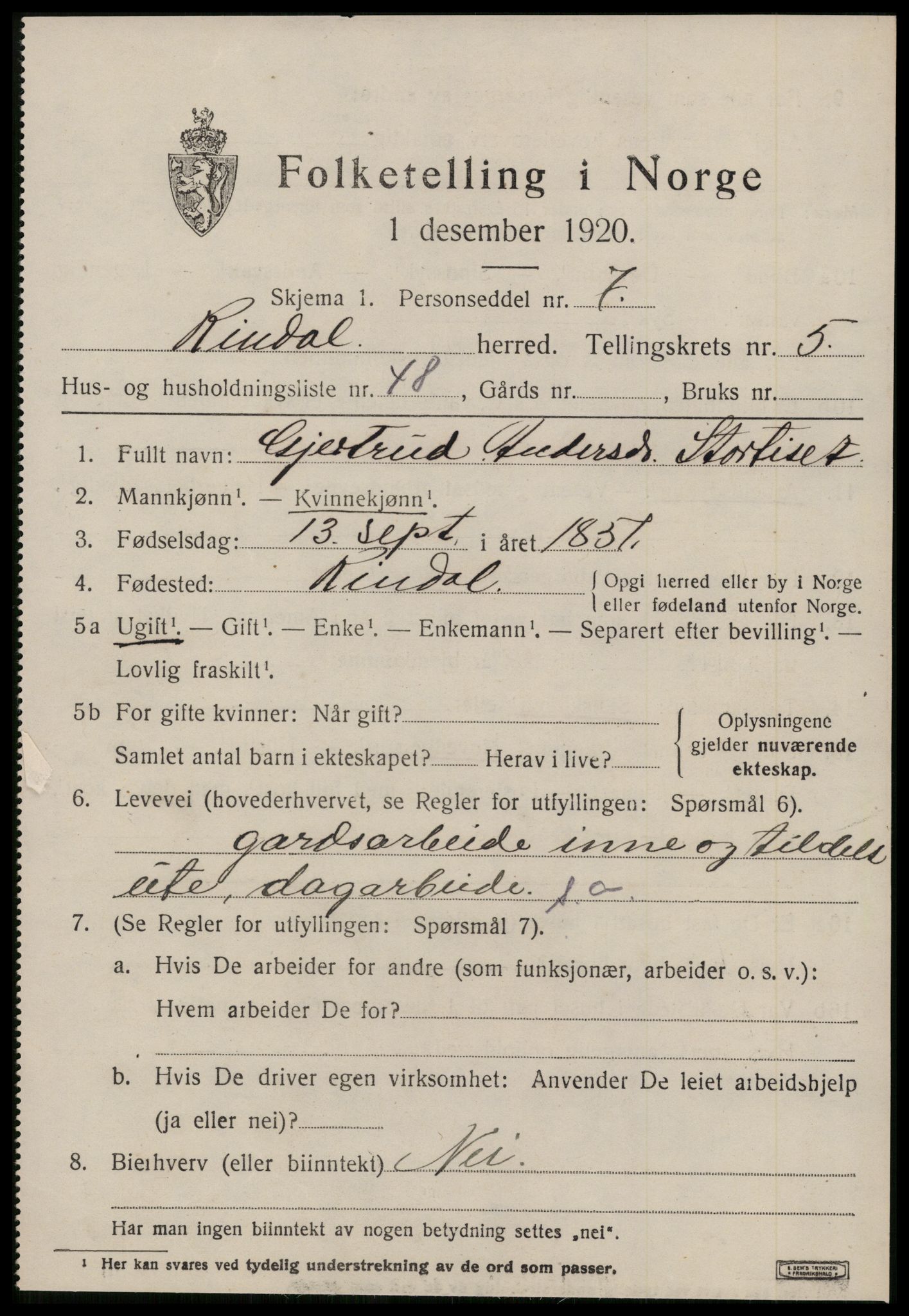 SAT, 1920 census for Rindal, 1920, p. 3274
