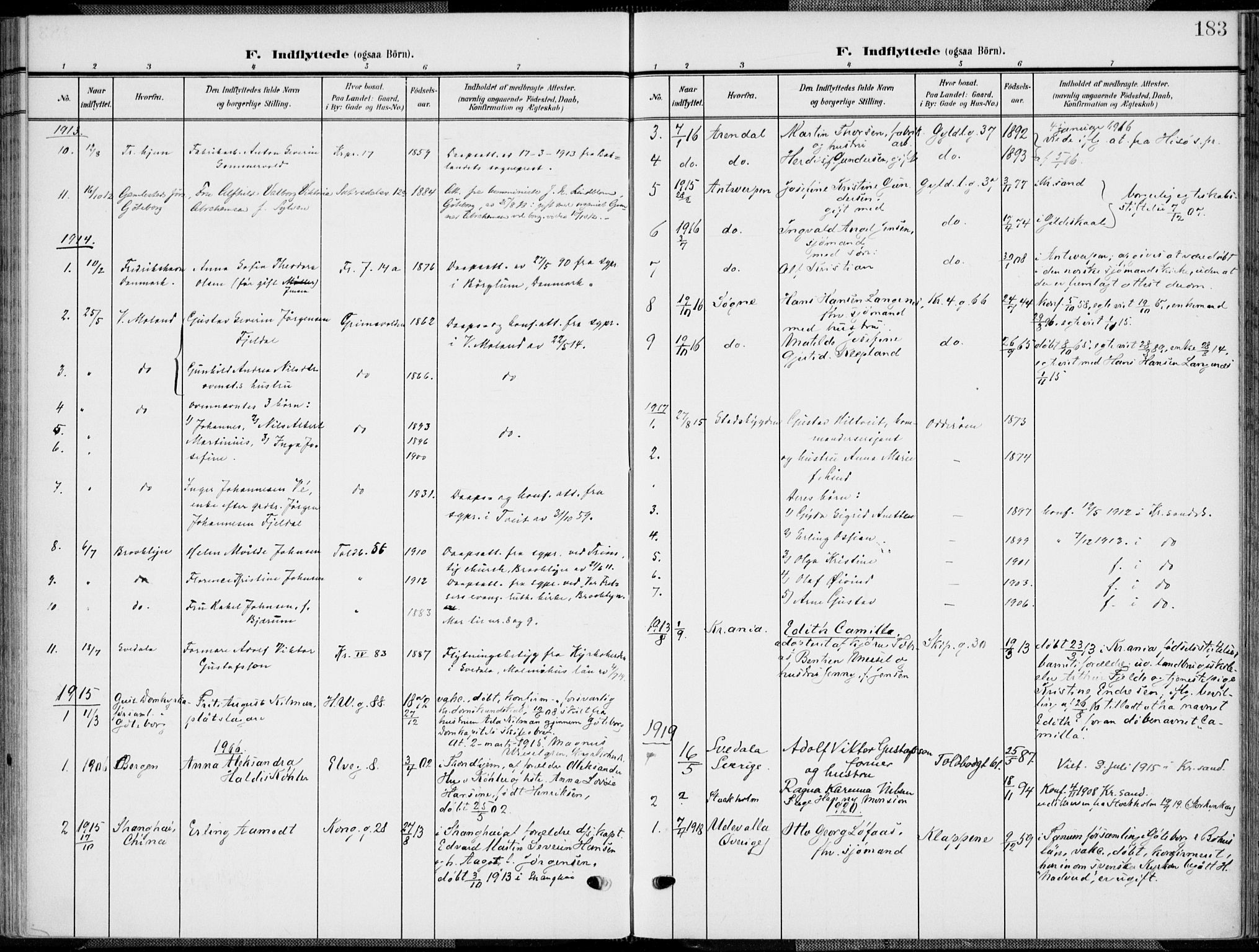 Kristiansand domprosti, SAK/1112-0006/F/Fa/L0022: Parish register (official) no. A 21, 1905-1916, p. 183