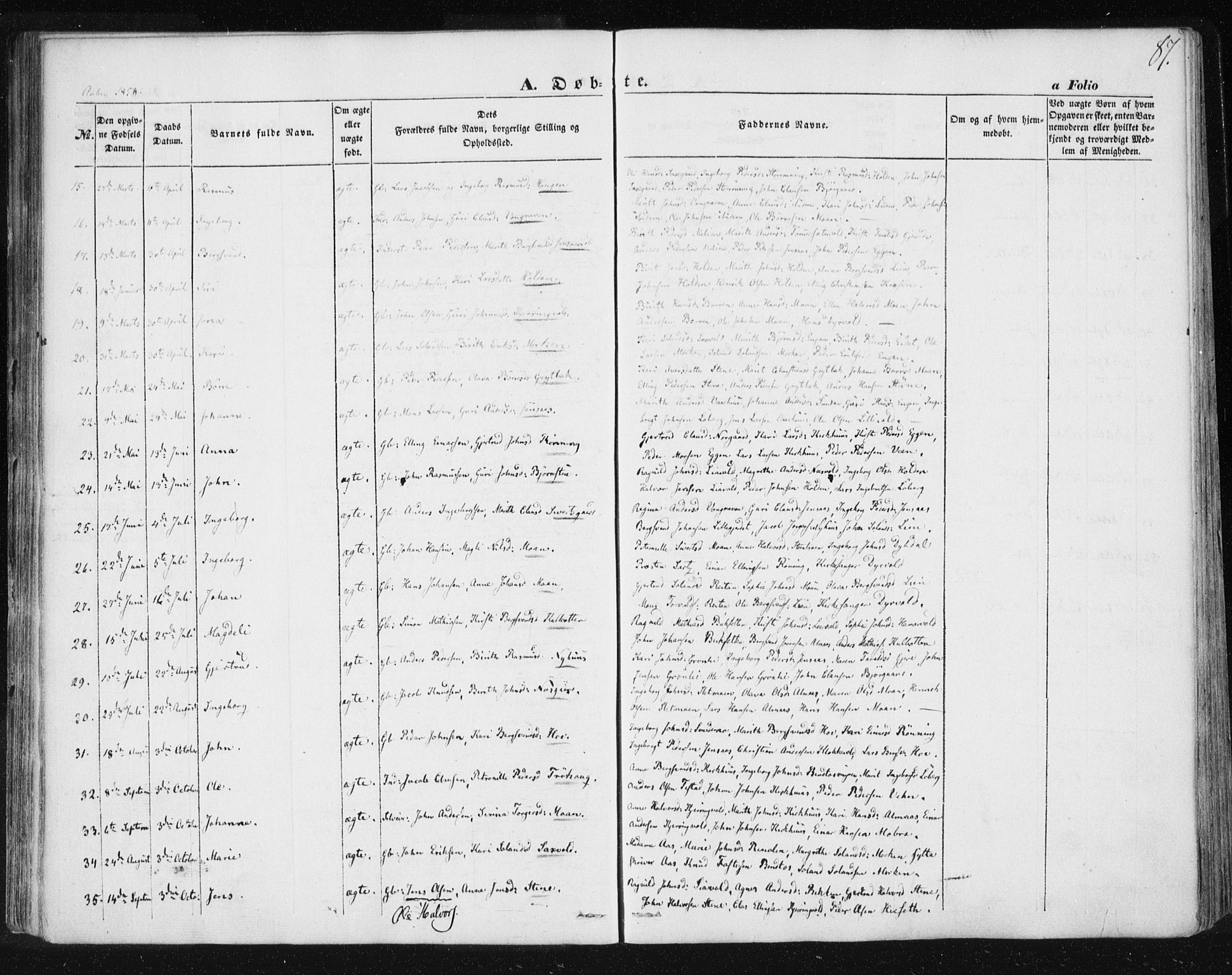 Ministerialprotokoller, klokkerbøker og fødselsregistre - Sør-Trøndelag, SAT/A-1456/685/L0965: Parish register (official) no. 685A06 /3, 1846-1859, p. 87
