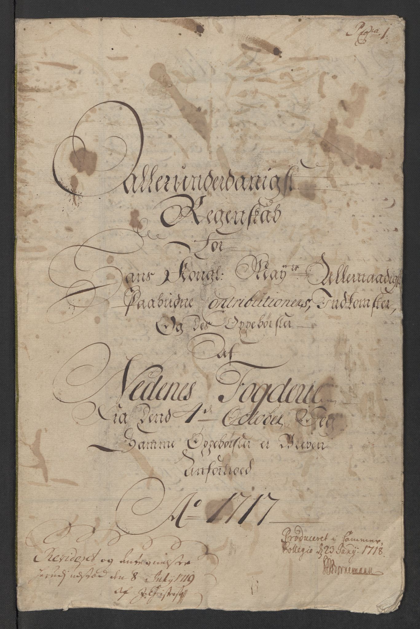 Rentekammeret inntil 1814, Reviderte regnskaper, Fogderegnskap, RA/EA-4092/R39/L2326: Fogderegnskap Nedenes, 1717, p. 326