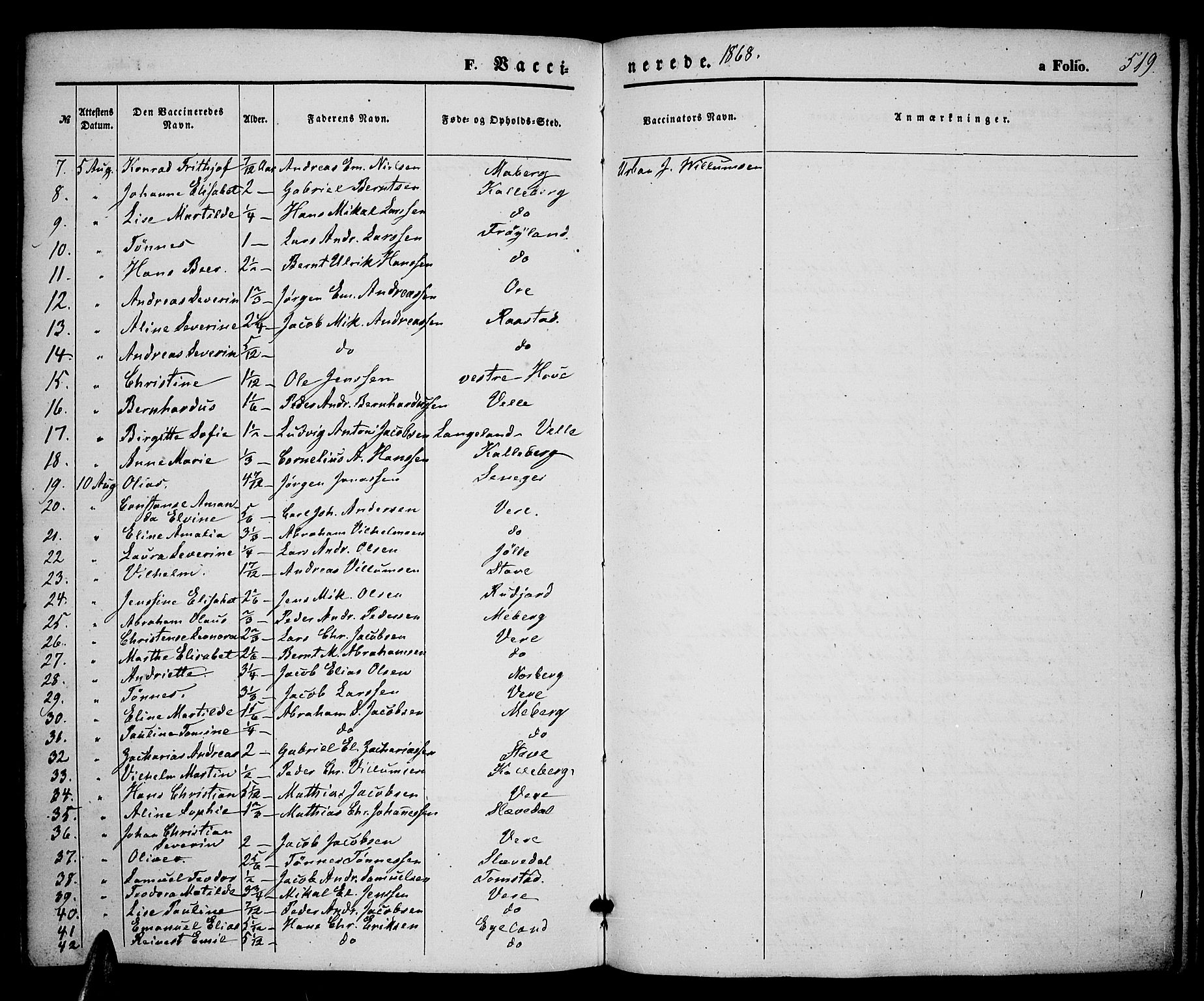 Lista sokneprestkontor, AV/SAK-1111-0027/F/Fb/L0003: Parish register (copy) no. B 3, 1862-1877, p. 519