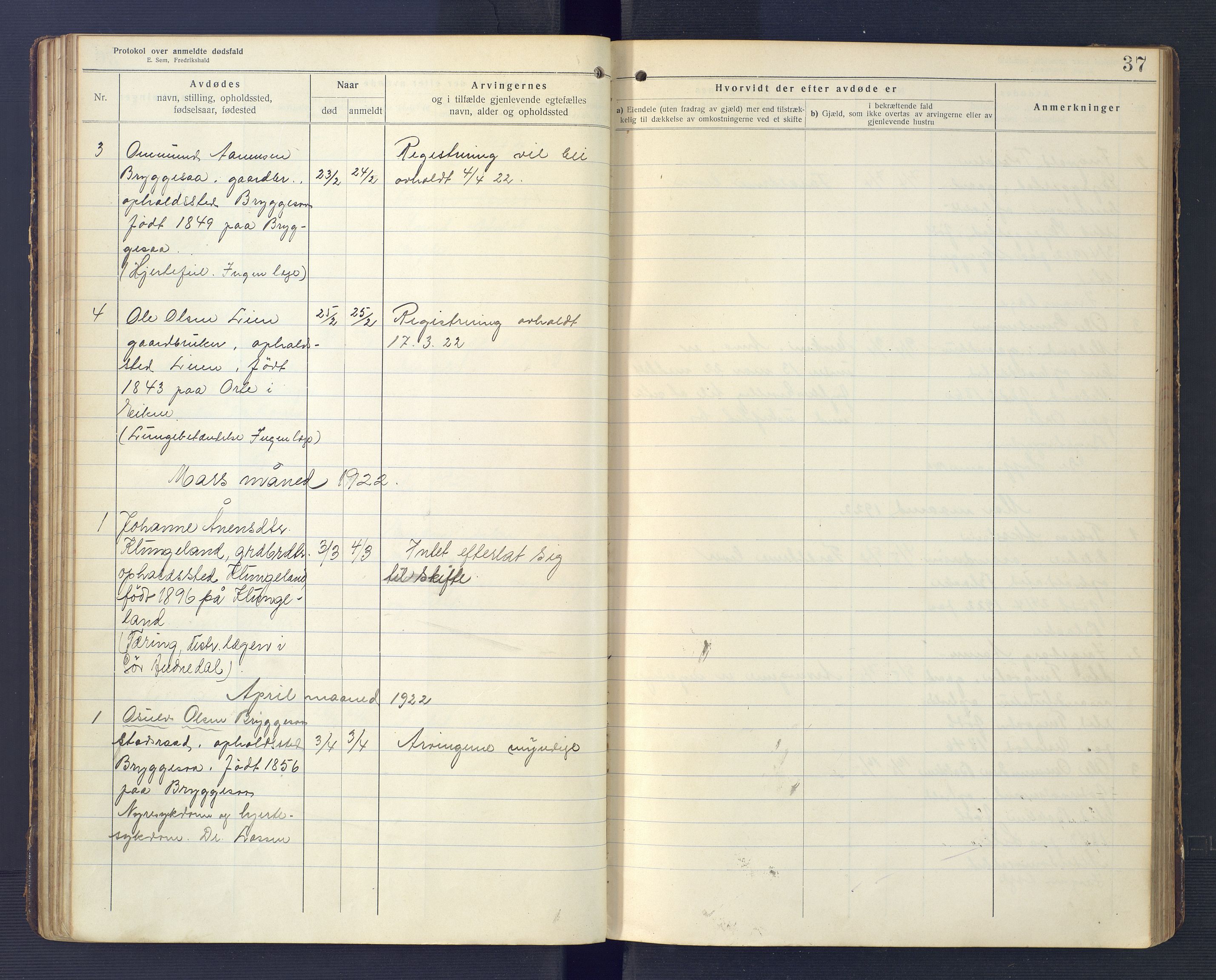 Hægebostad og Eiken lensmannskontor, SAK/1241-0023/F/Fe/L0002: Dødsfallsprotokoll nr 34, 1917-1932, p. 37