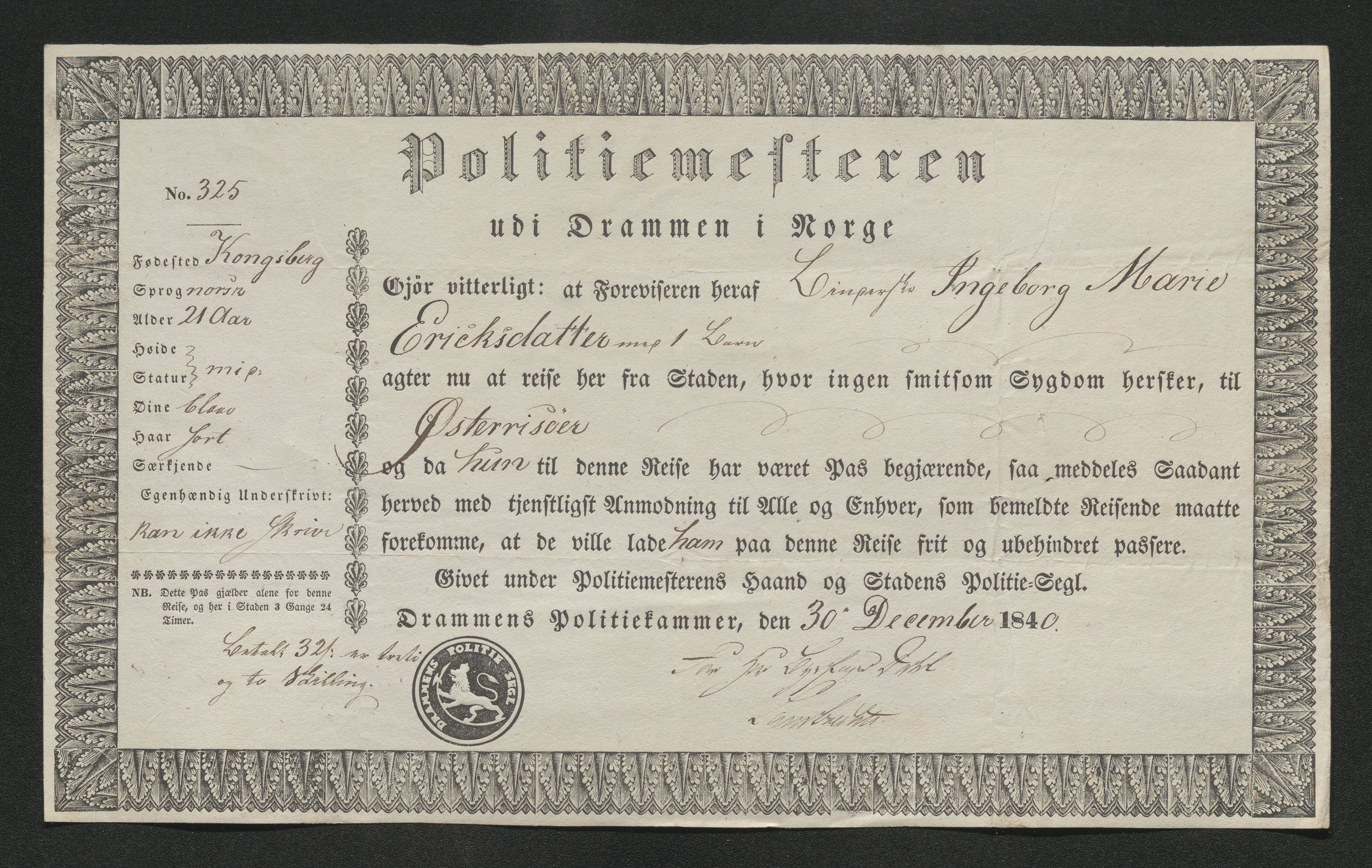 Drammen politikammer, AV/SAKO-A-623/I/Ia/Iab/L0006: Innleverte pass, 1841-1842, p. 204