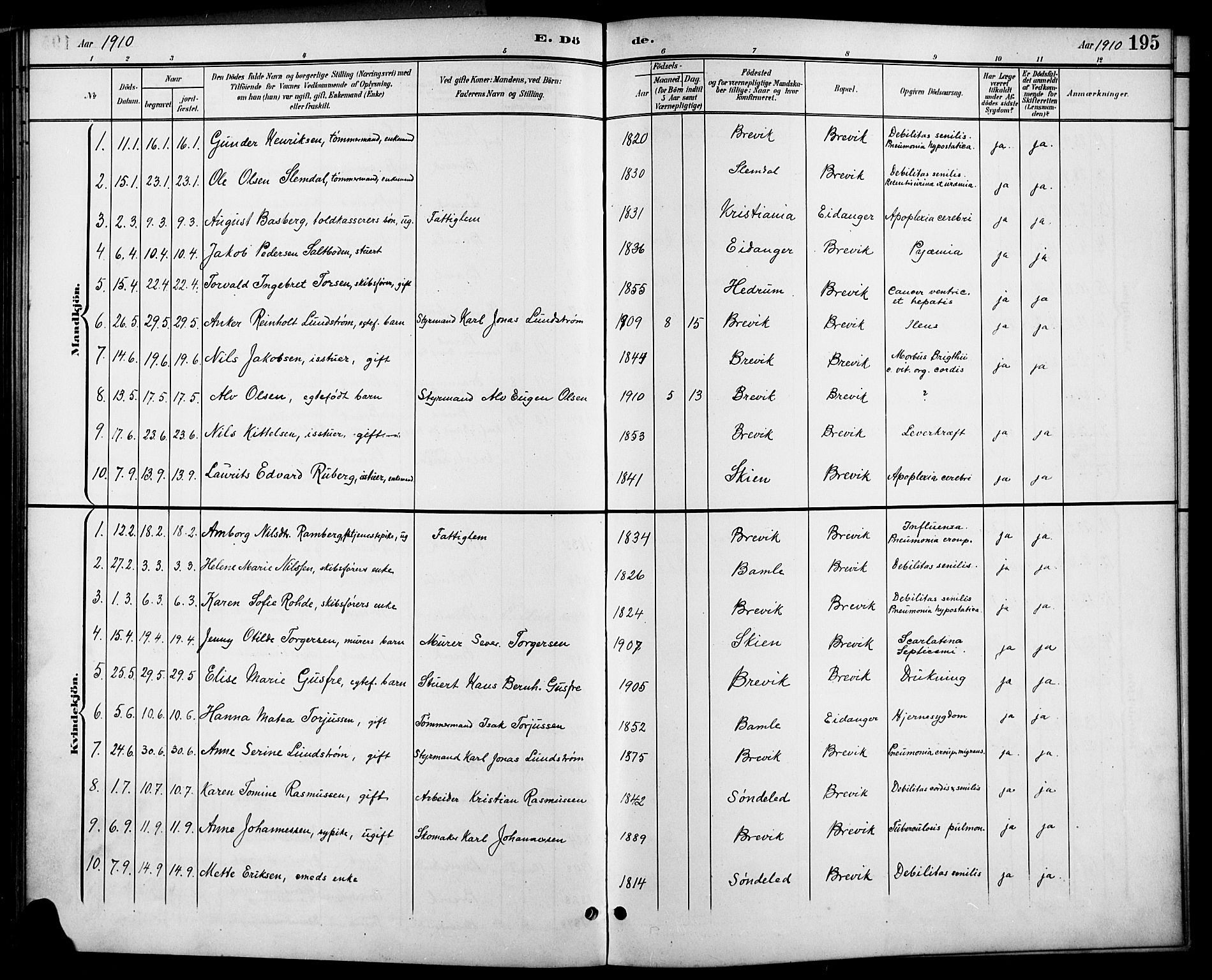 Brevik kirkebøker, SAKO/A-255/G/Ga/L0005: Parish register (copy) no. 5, 1901-1924, p. 195