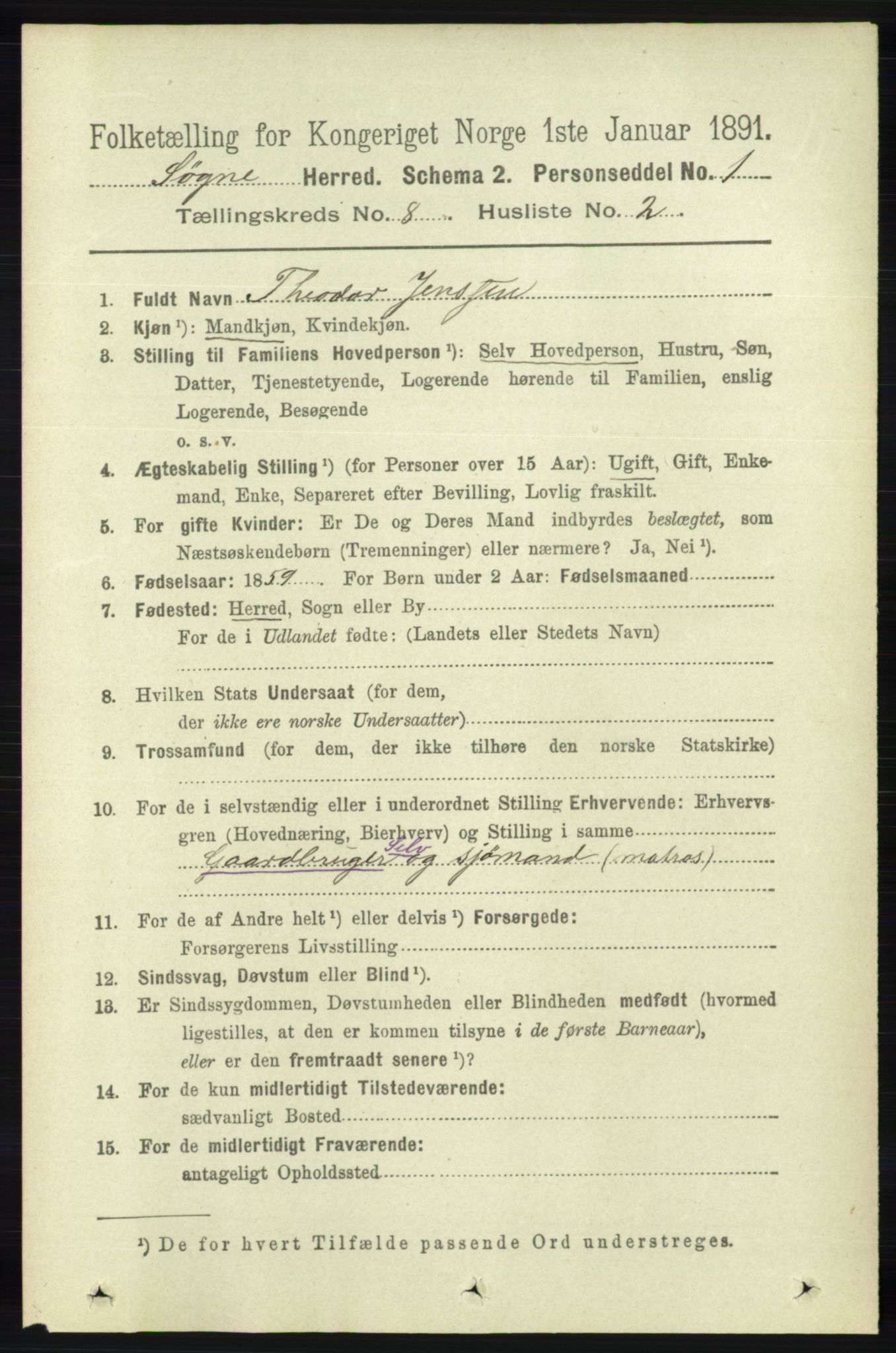 RA, 1891 census for 1018 Søgne, 1891, p. 2218