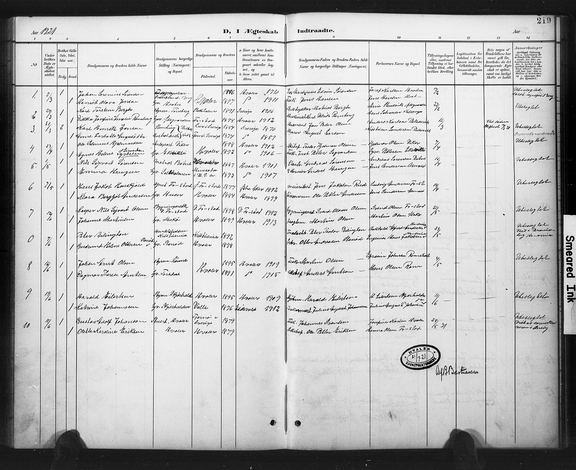 Hvaler prestekontor Kirkebøker, SAO/A-2001/G/Ga/L0001: Parish register (copy) no. I 1, 1901-1930, p. 219