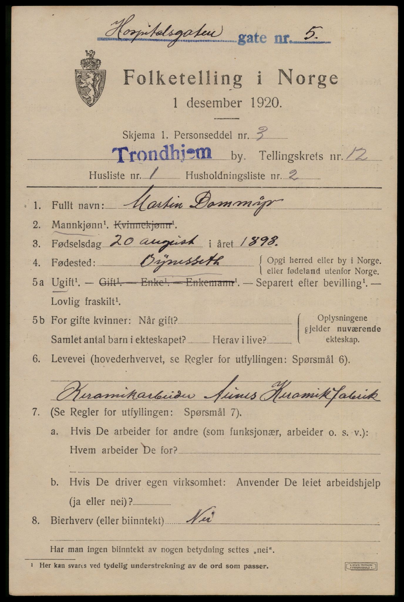 SAT, 1920 census for Trondheim, 1920, p. 47768