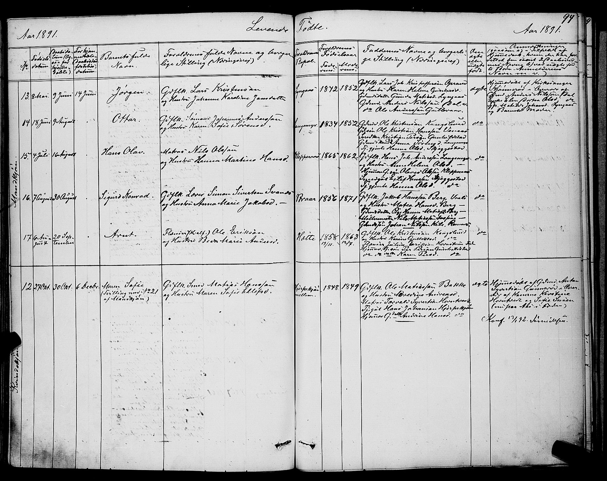 Ramnes kirkebøker, AV/SAKO-A-314/G/Ga/L0003: Parish register (copy) no. I 3, 1870-1896, p. 94