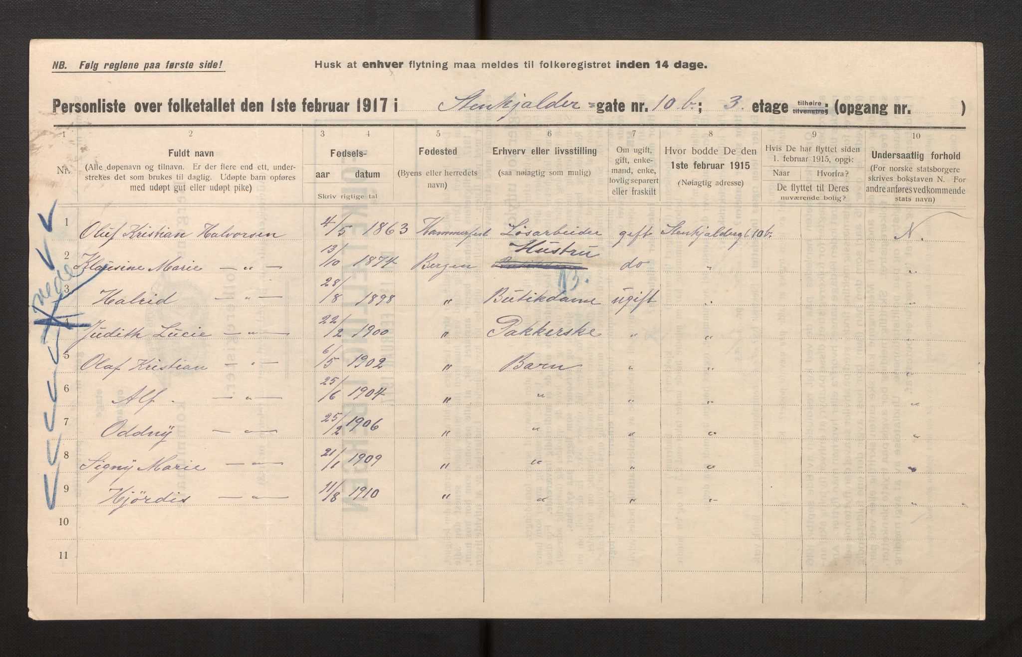 SAB, Municipal Census 1917 for Bergen, 1917, p. 37210