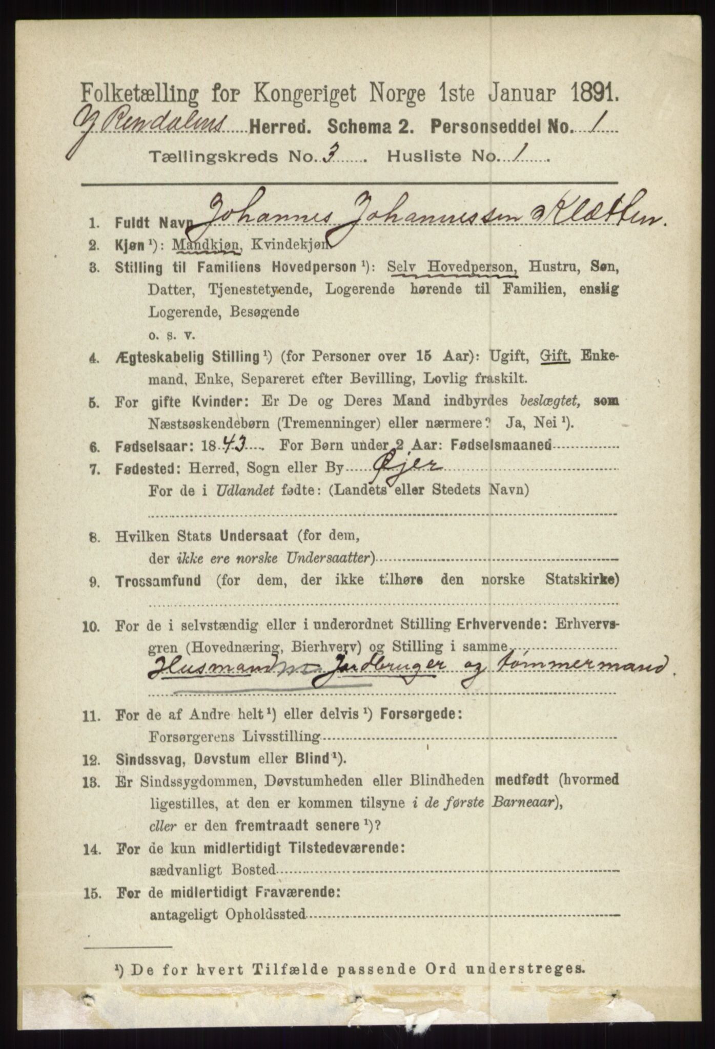 RA, 1891 census for 0432 Ytre Rendal, 1891, p. 446