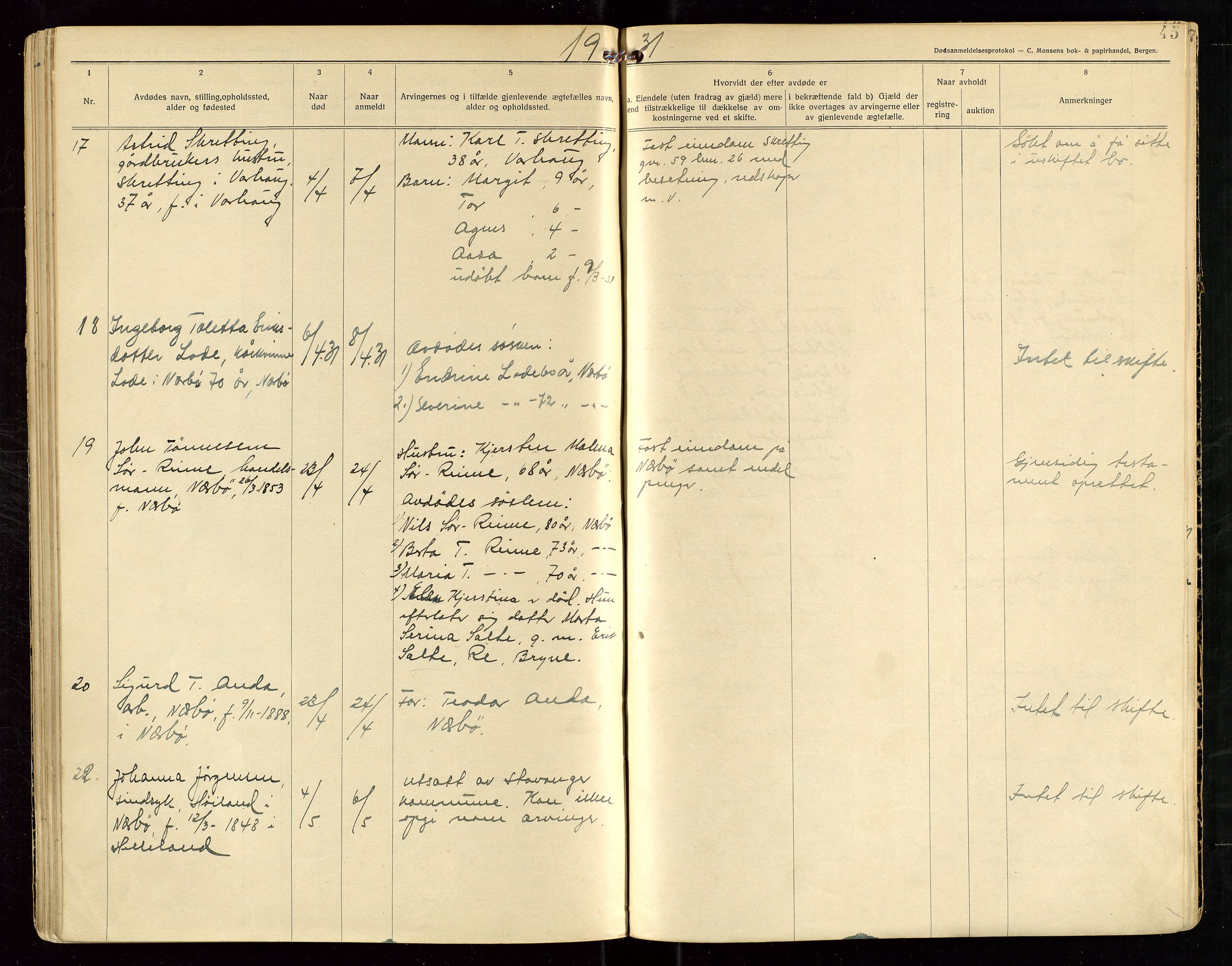 Hå lensmannskontor, AV/SAST-A-100456/Gga/L0003: Dødsfallsprotokoll, 1925-1931, p. 45