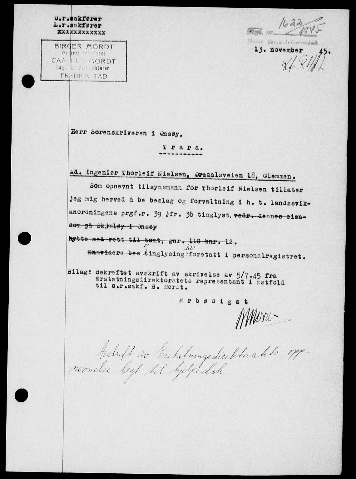 Onsøy sorenskriveri, SAO/A-10474/G/Ga/Gab/L0015: Mortgage book no. II A-15, 1945-1946, Diary no: : 1622/1945