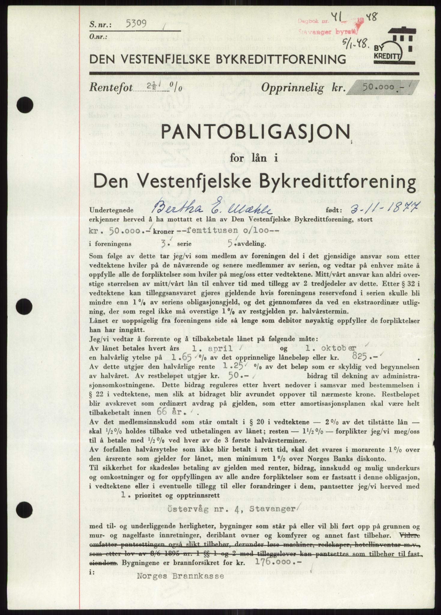 Stavanger byrett, SAST/A-100455/002/G/Gb/L0032: Mortgage book, 1947-1950, Diary no: : 41/1948