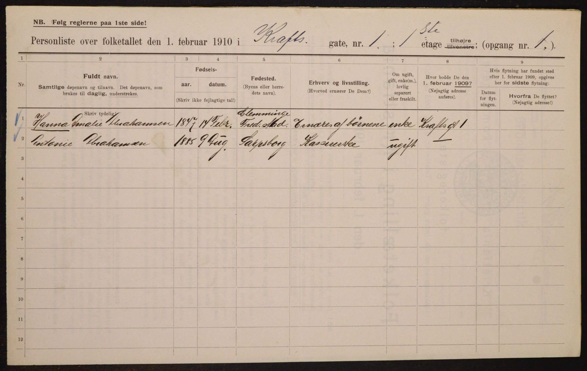 OBA, Municipal Census 1910 for Kristiania, 1910, p. 52345